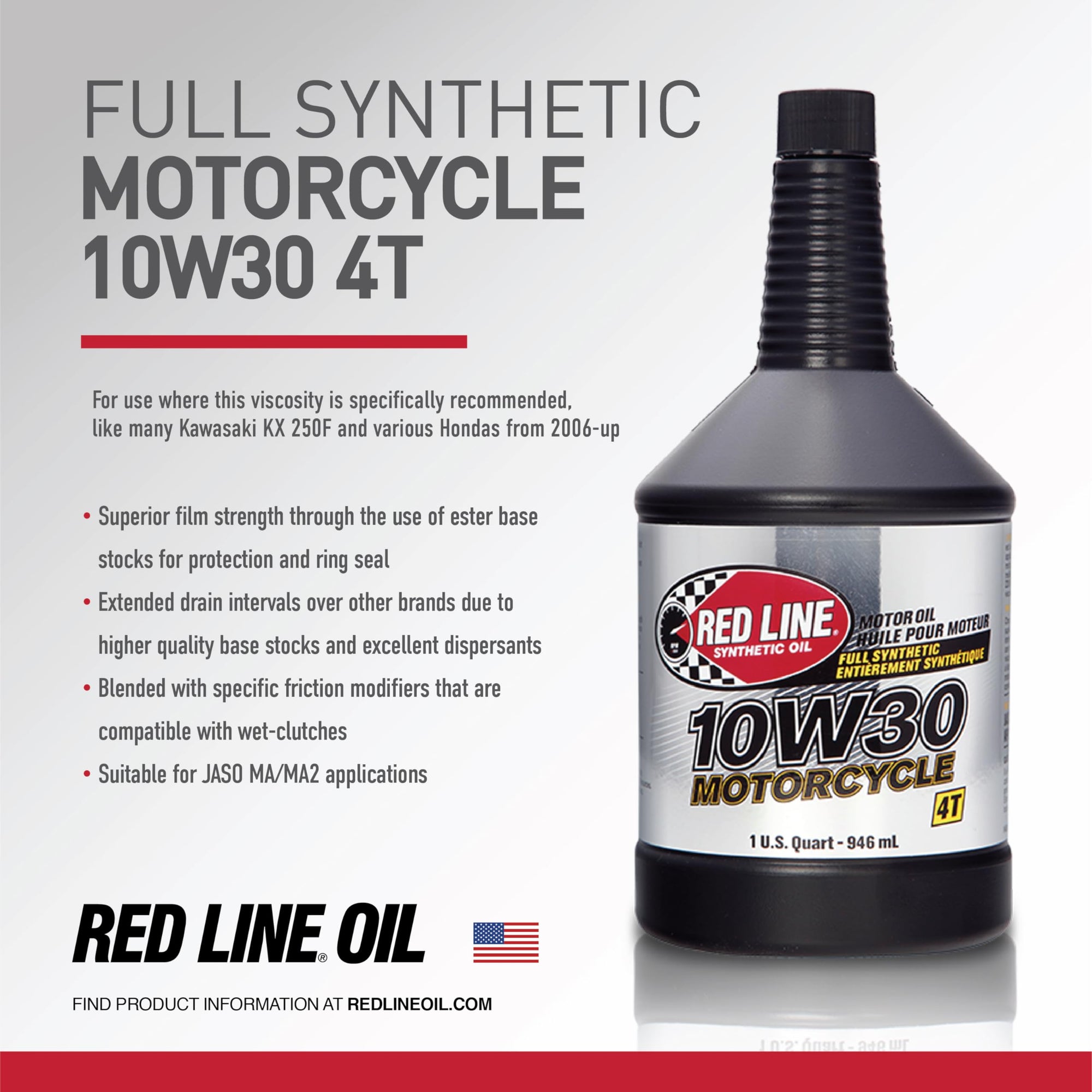 10W30 Red Line Synthetic Motorcycle Motor Oil - 1 Quart
