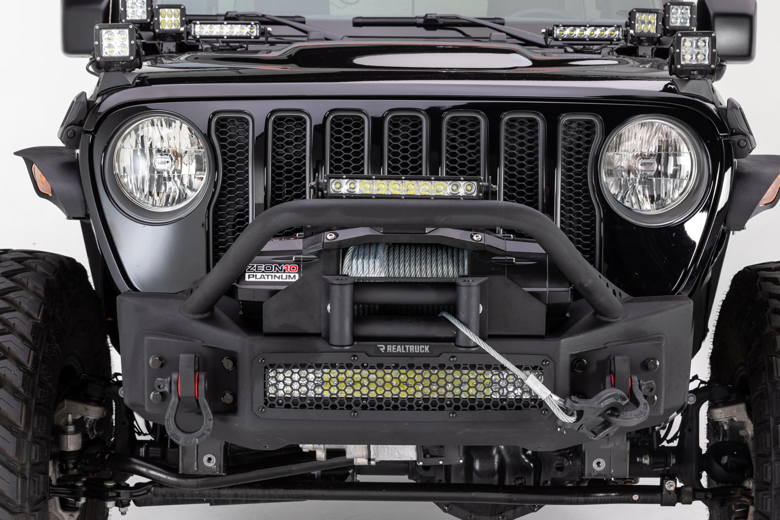 Rockline Go Rhino Stubby Front Bumper w/ Overrider | Galvanized Steel, Textured Black | 331101T | Fits 2007 - 2024 Jeep Wrangler JL, JLU, JK, JKU, Gladiator JT, 2-Door or 4-Door