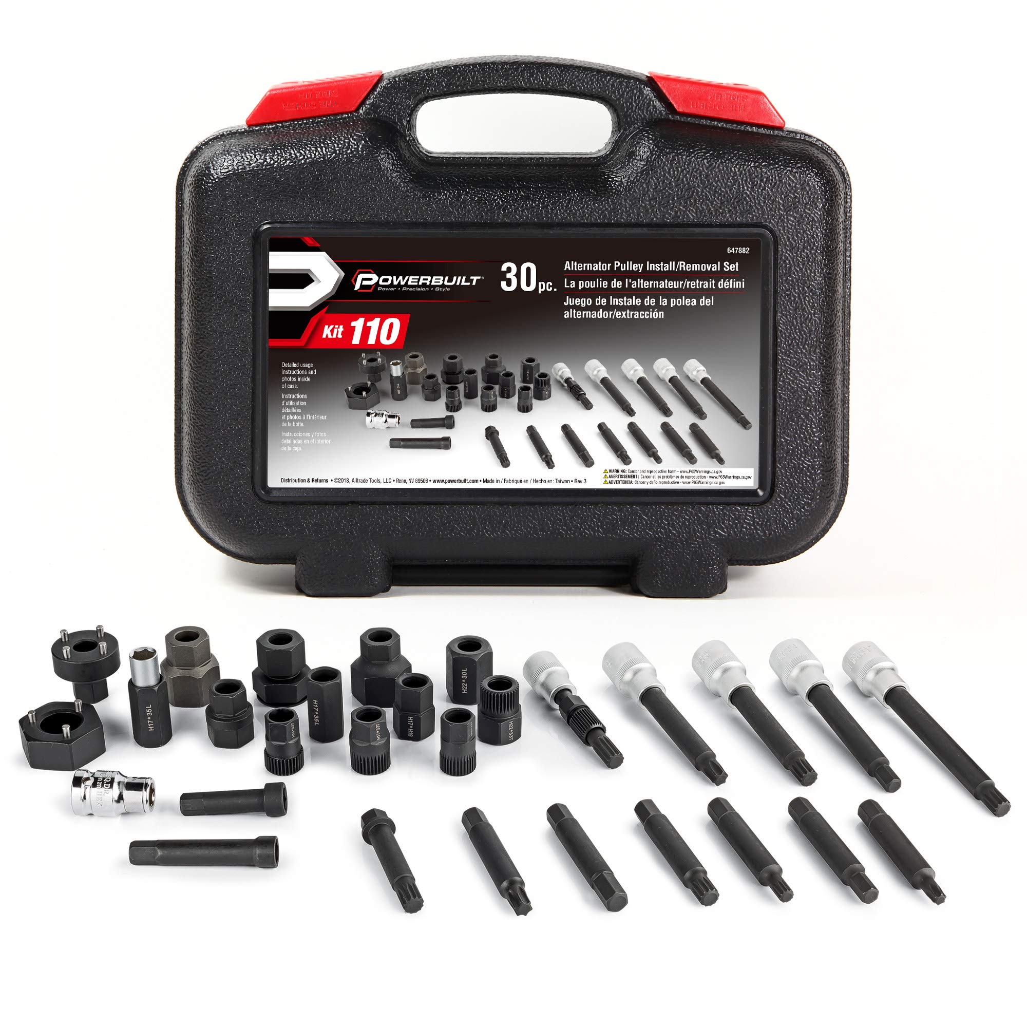 Powerbuilt Alternator Puller Kit, Car Engine & Vehicle Drive Trains Specialty Tools, Steering Pulley Installer, Spline Adapters, 30 Piece 647882