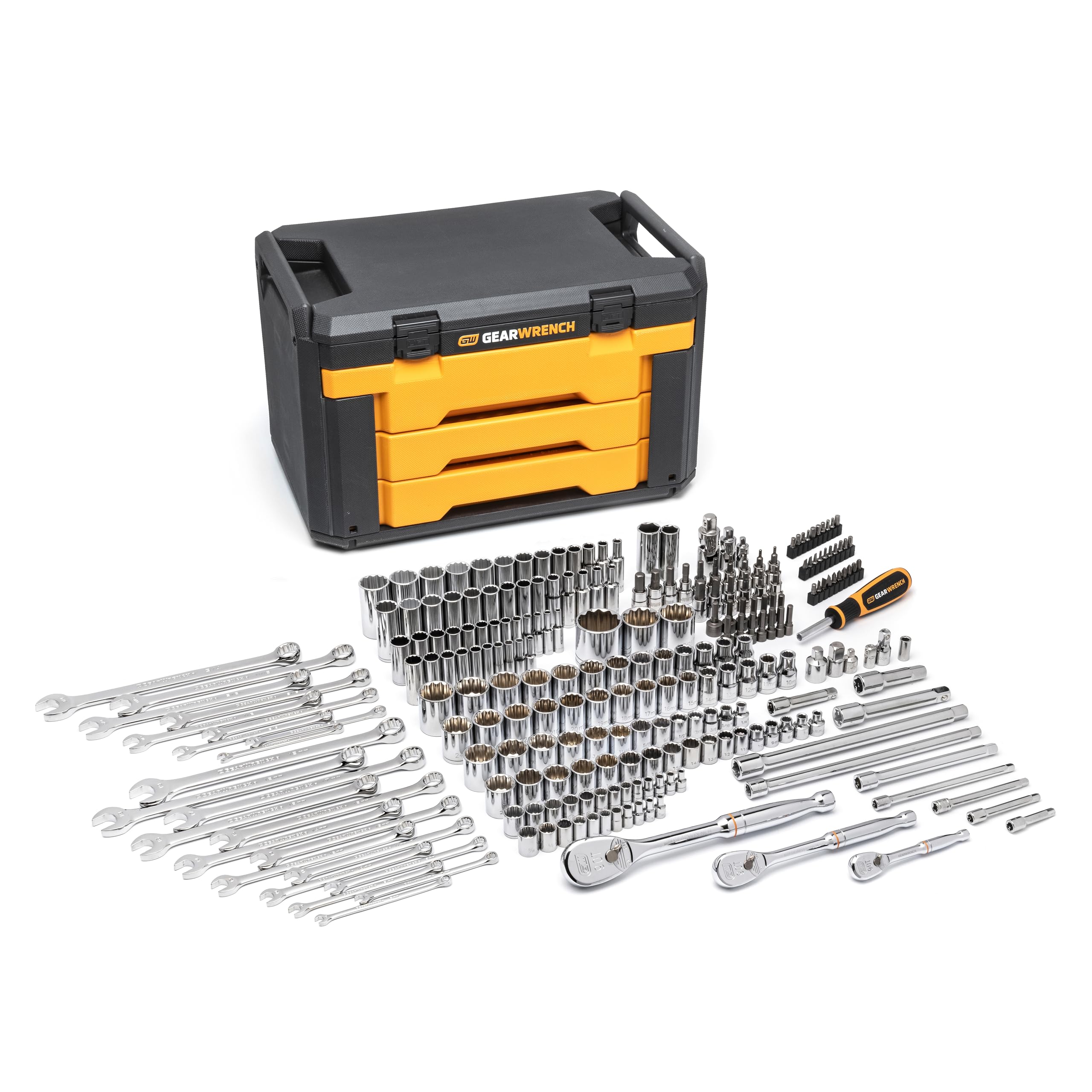 12 Pt. GEARWRENCH Mechanics Tool Set in 3 Drawer Storage Box - 80972 243 Pc.