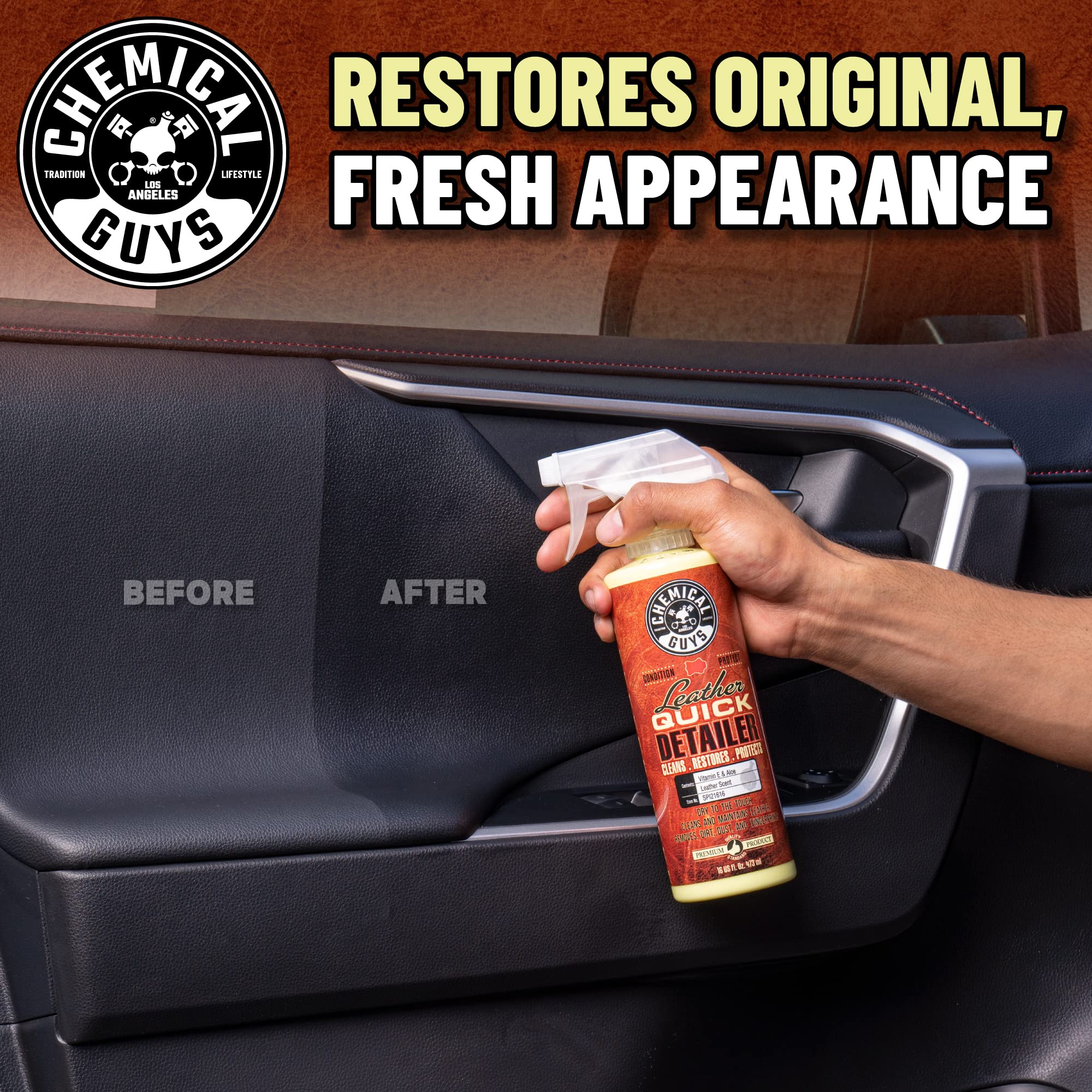 Leather Quick Detailer Chemical Guys - Interior Cleaner and Conditioner for Natural, Synthetic, Pleather, and More, Safe for Car Seats, Furniture, Apparel, Shoes & Boots, Leather Scented - 16 fl oz