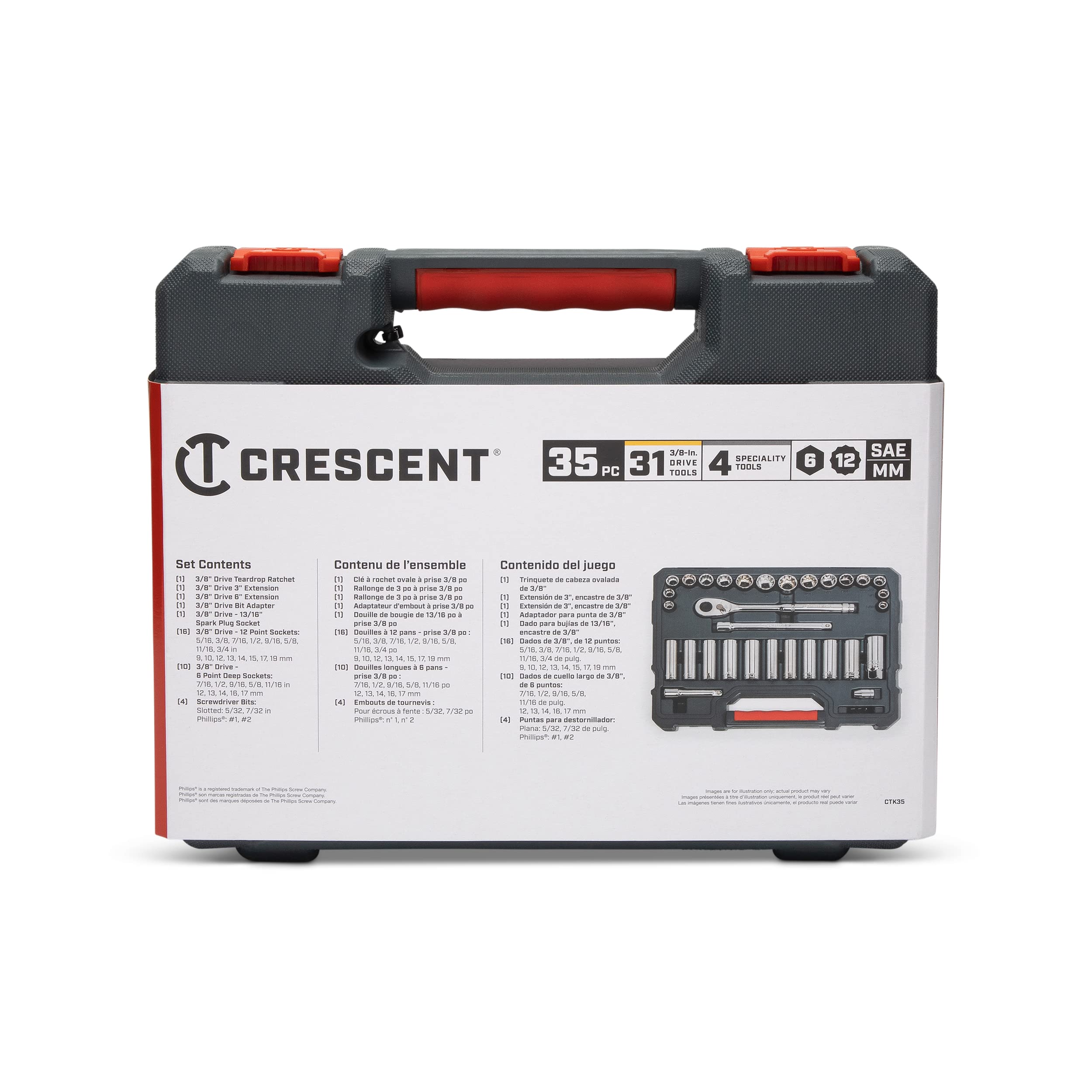Crescent 35 Piece 6 and 12 Point 3/8" Drive Standard & Deep SAE/Metric Mechanics Tool Set - CTK35