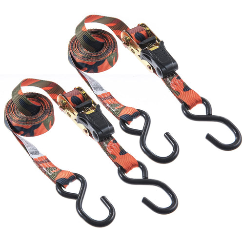 1” x 12' Blaze Camo Ratchet Tie-Down Keeper with S Hooks, 2 Pack - 500 lbs. Working Load Limit and 1,500 lbs. Break Strength