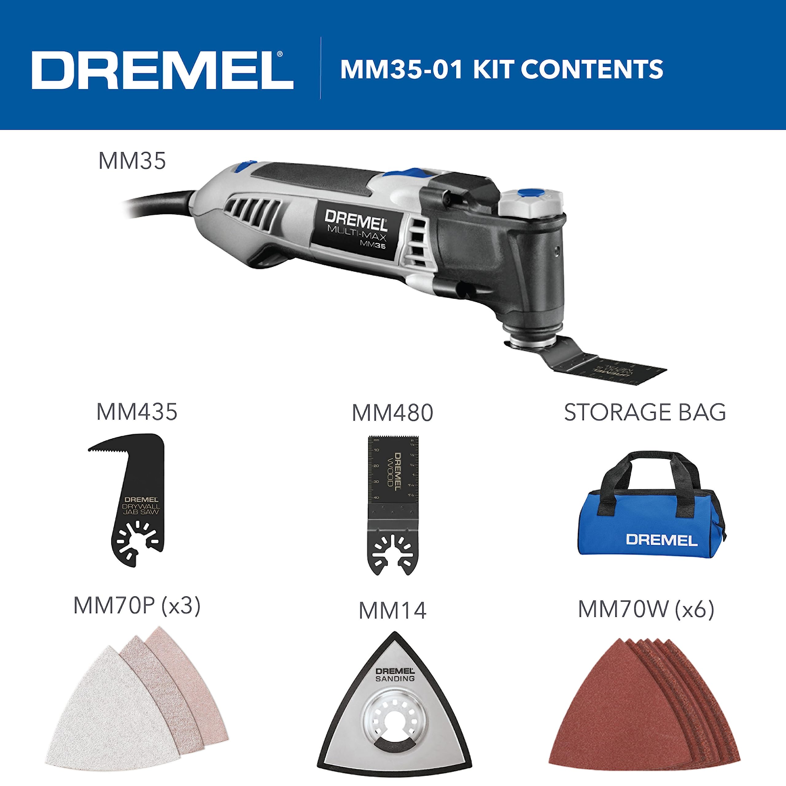 Multi-Max Dremel 3.5 Amp Oscillating Tool Kit with Tool-LESS Accessory Change- Multitool with 12 Accessories- Compact Head & Angled Body- Drywall, Nails, Remove Grout & Sanding- MM35-01