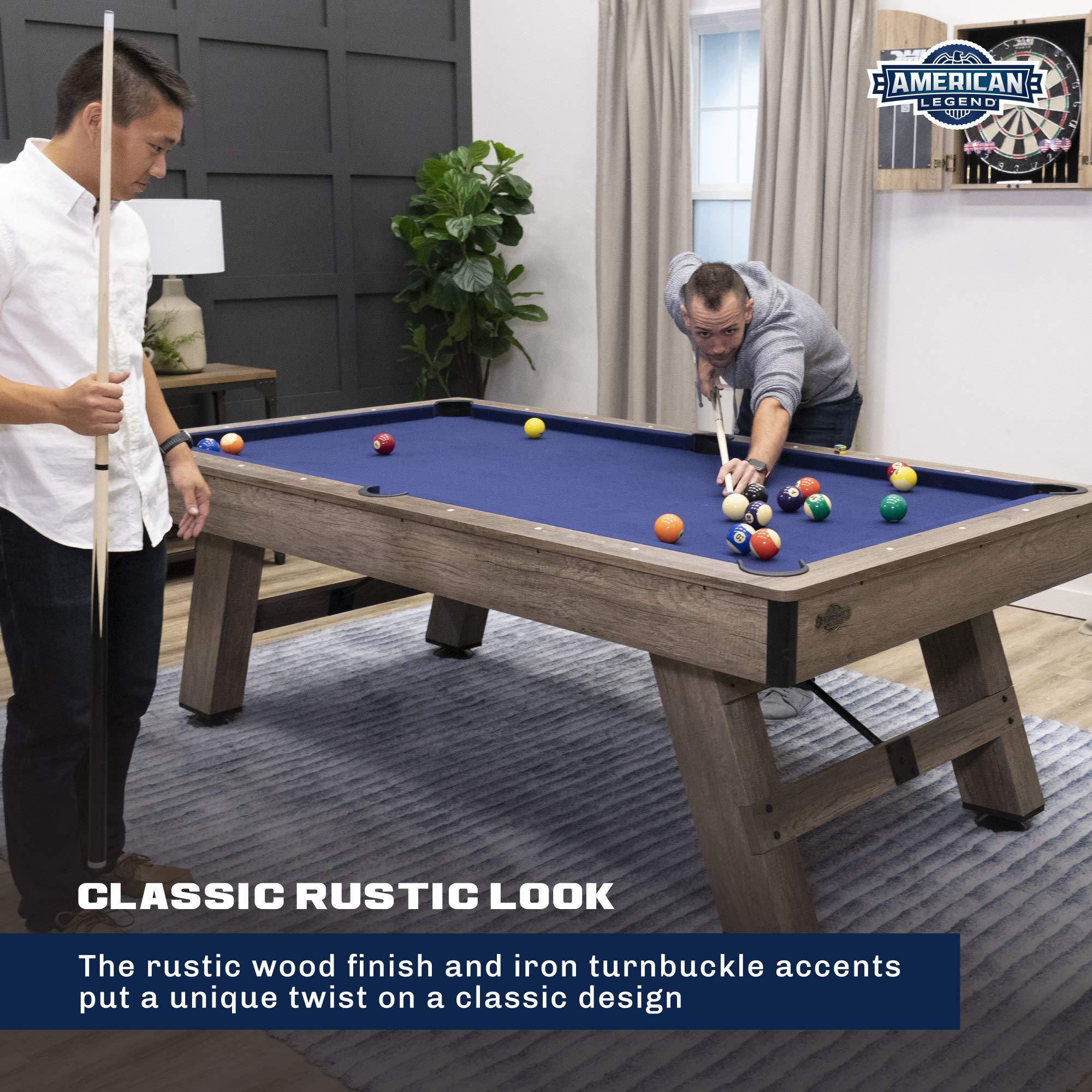 Brookdale American Legend 90” Billiard Table with Rustic Wood Finish and Navy Blue Cloth