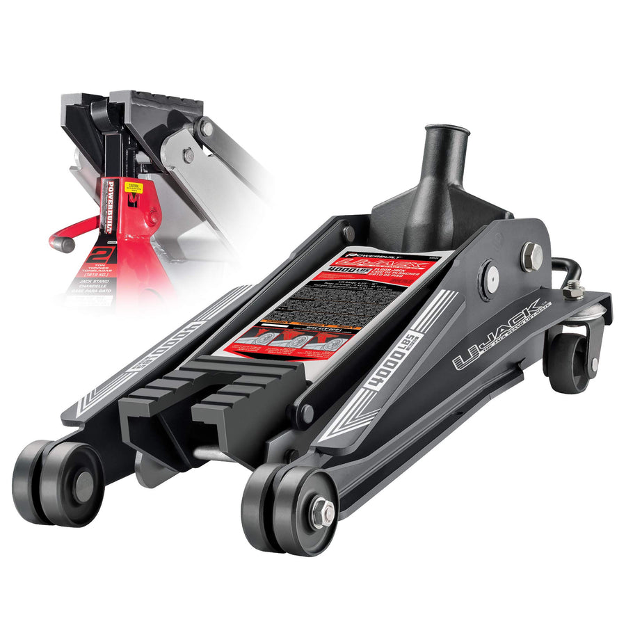 2 Ton Powerbuilt U-Jack Garage Jack, 3000 LBS Loading Capacity, Lift Range: 4-1/2-Inch to 18-3/4-Inch, Unique Saddle for sliding jackstand into - 620516