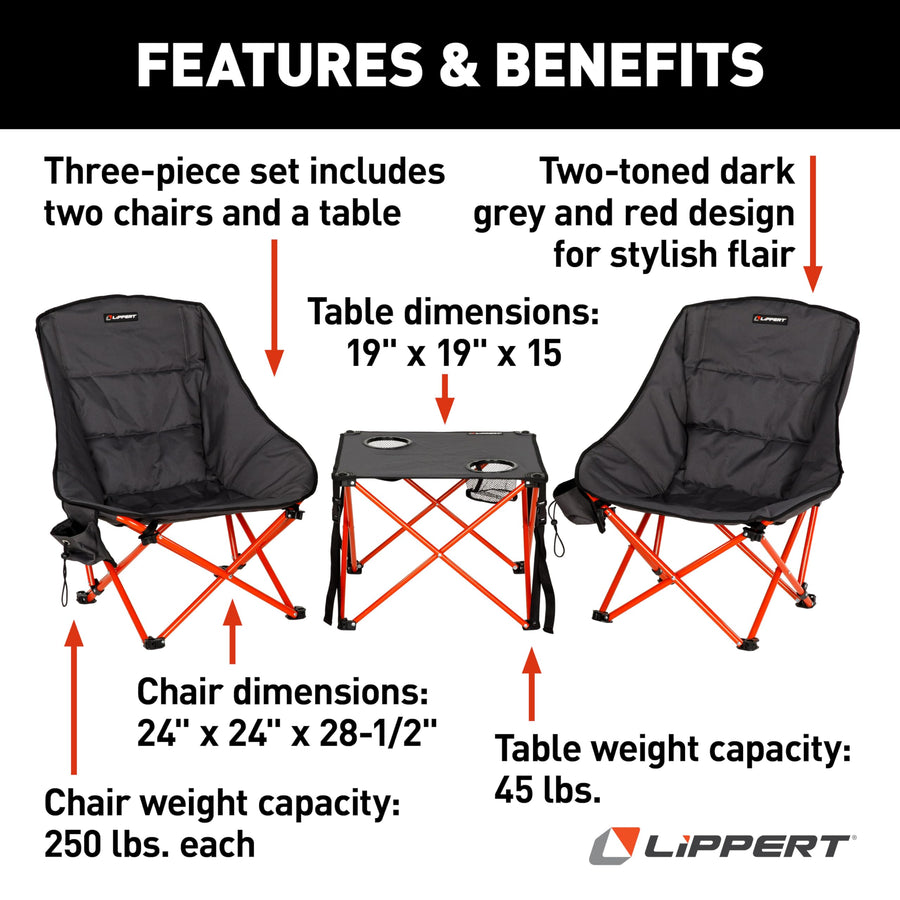 Lippert 3-Piece Baja Overlanding Chair & Table Set, 600-Denier Polyester Folding Chairs, Dual Cupholders, Innovative Scoop for Ultimate Comfort, Fold-up Convenience - 2023053719