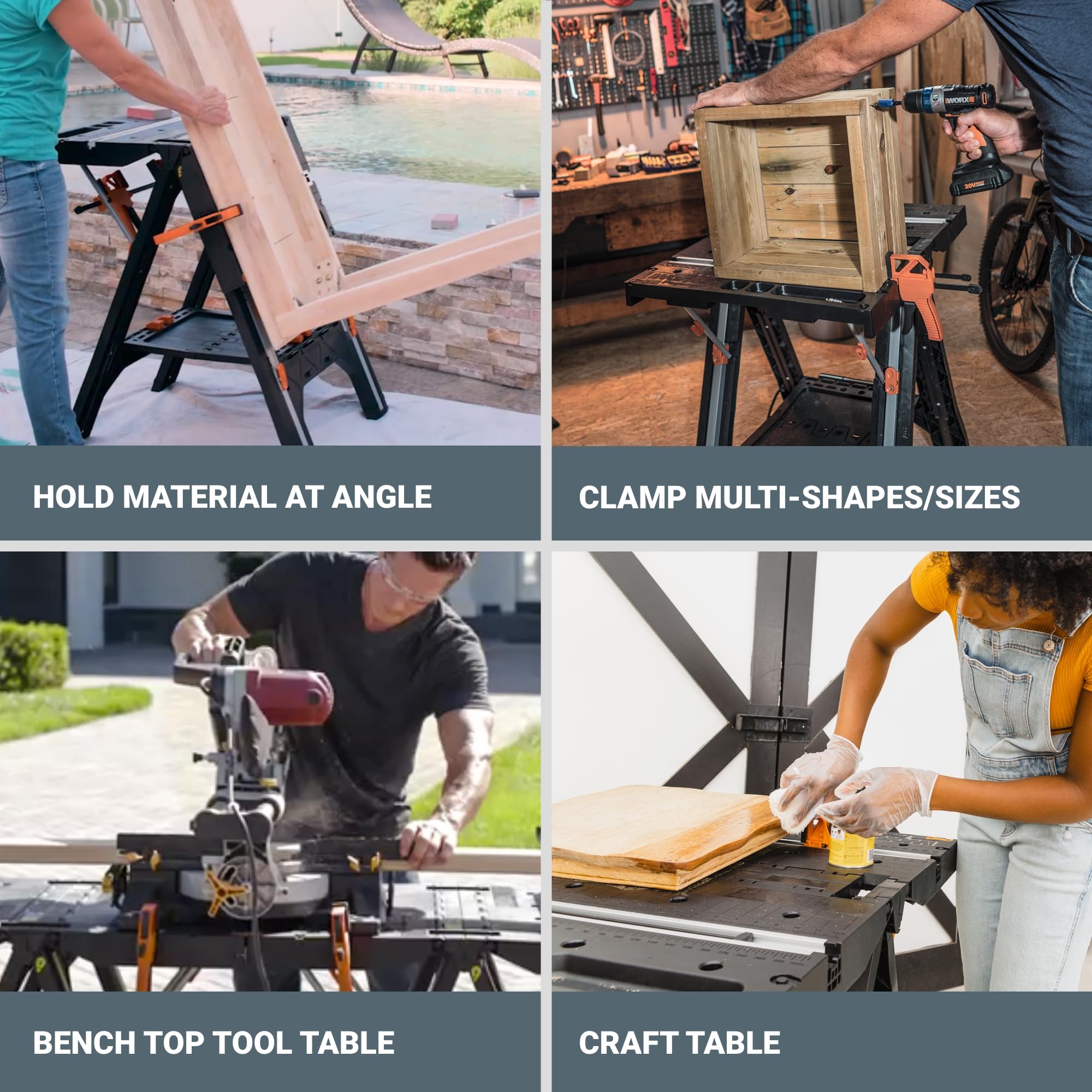 Worx 2-in-1 Pegasus Folding Work Table & Sawhorse, Easy Setup Portable Workbench, 31" W x 25" D x 32" H Lightweight Worktable with Heavy-Duty Load Capacity, WX051 - Includes 2 Clamps & 4 Clamp Dogs