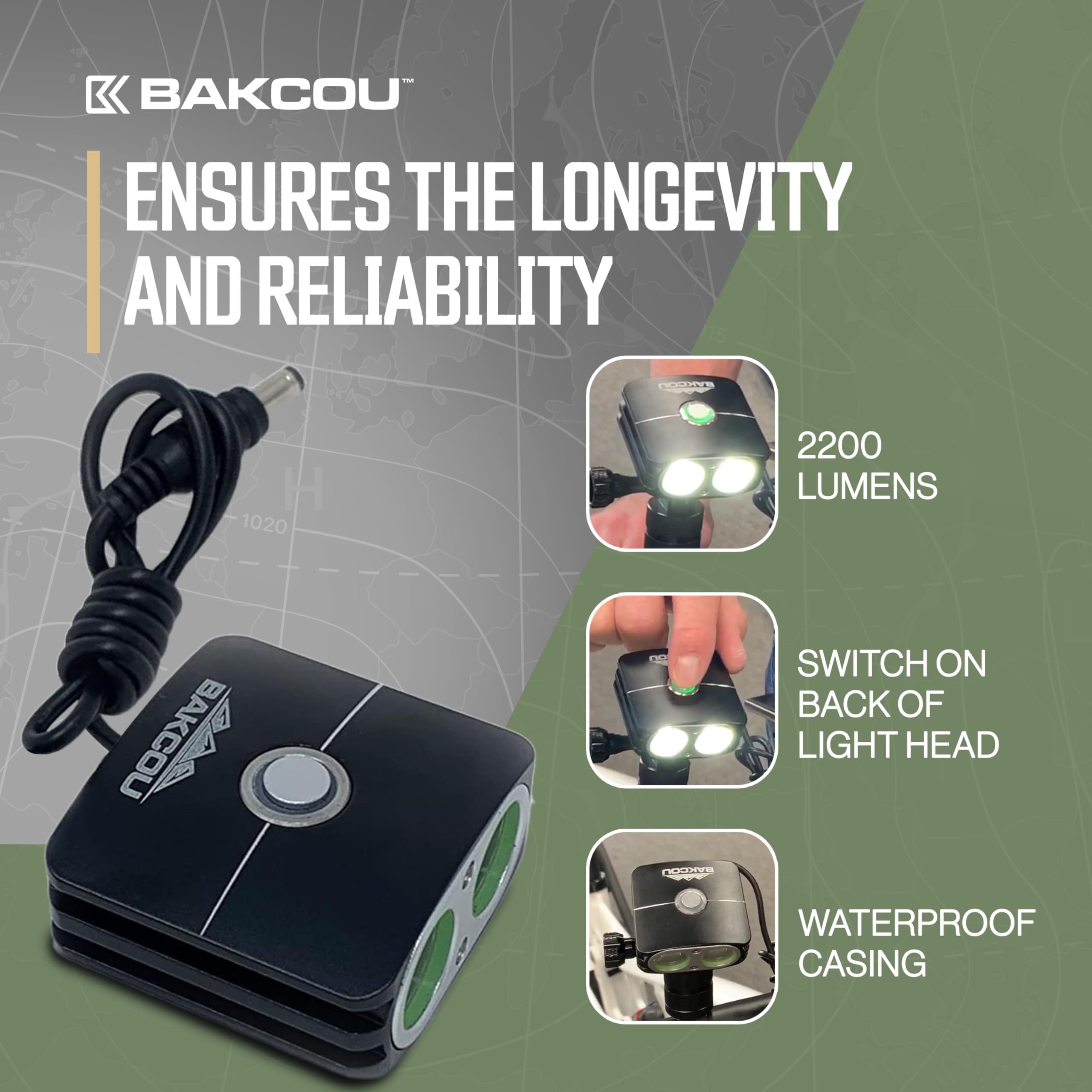 Bakcou - GoProMount 2200 Lumen Headlight - E-Bike Light with Blinking Modes, USB Rechargeable, Waterproof, Dual LED Design, 120-Hour Battery