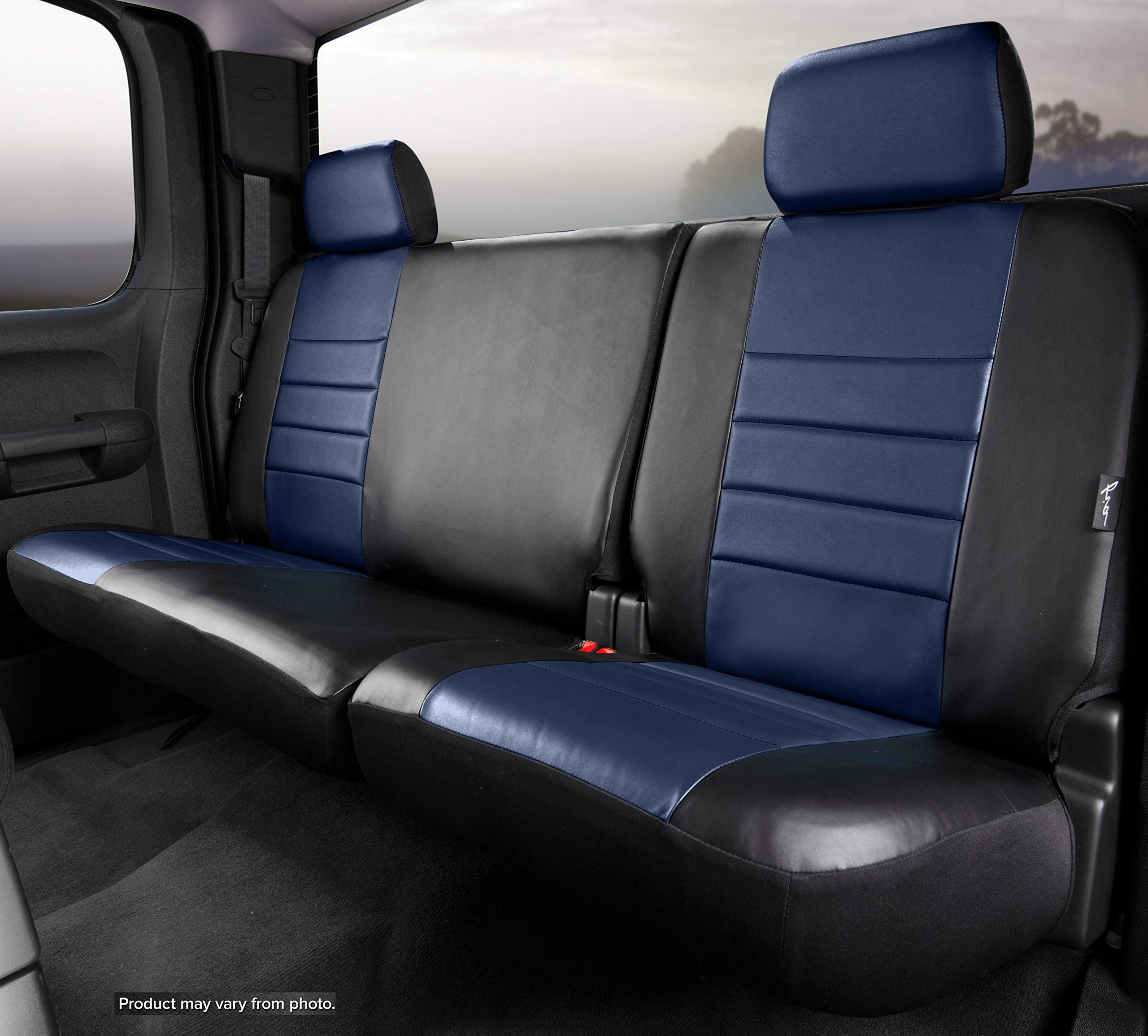 Fia SL62-52 Custom Fit Blue Rear Seat Cover, Split Seat 40/60 - Leatherette, (Black w/Blue Center Panel)