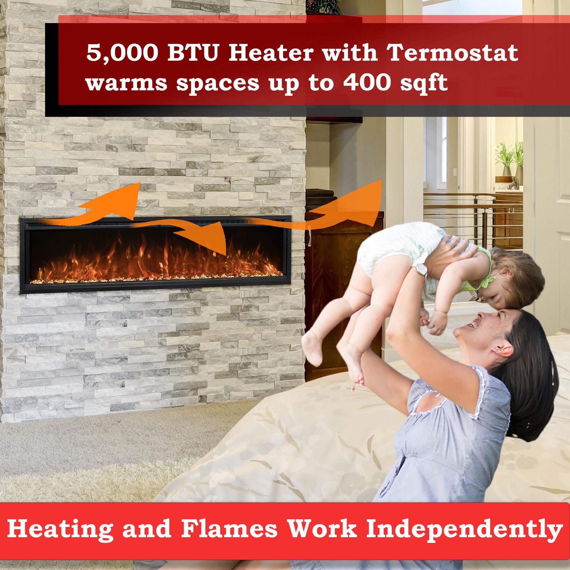 Spectrum Slimline Modern Flames 50 inch Wall Mount Built in Electric Fireplace Insert | Fully Recessed 4'' Wall | SPS-50B
