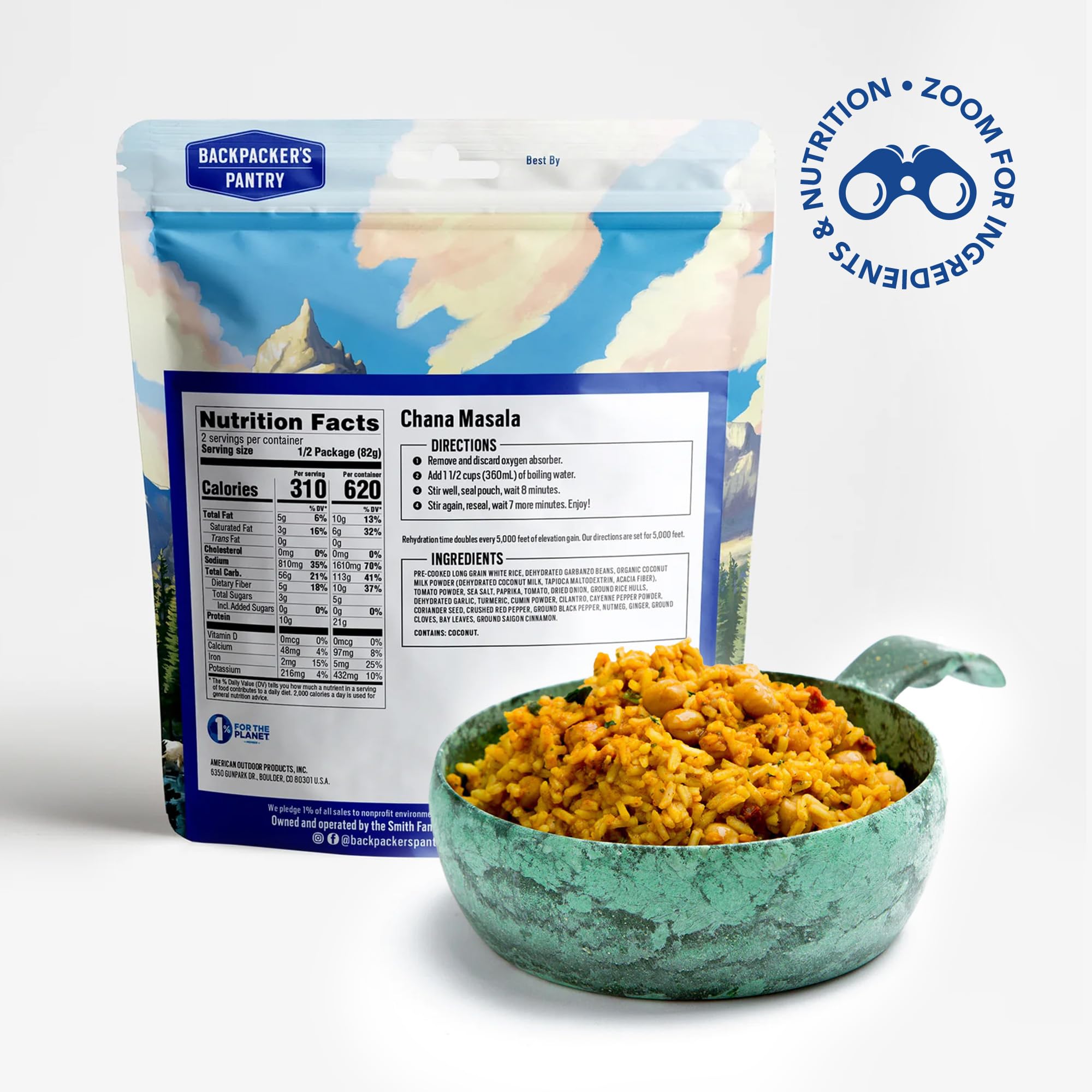 Chana Masala Backpacker's Pantry, 2 Servings Per Pouch(1 count), Freeze Dried Food, 14 Grams of Protein, Vegan, Gluten Free