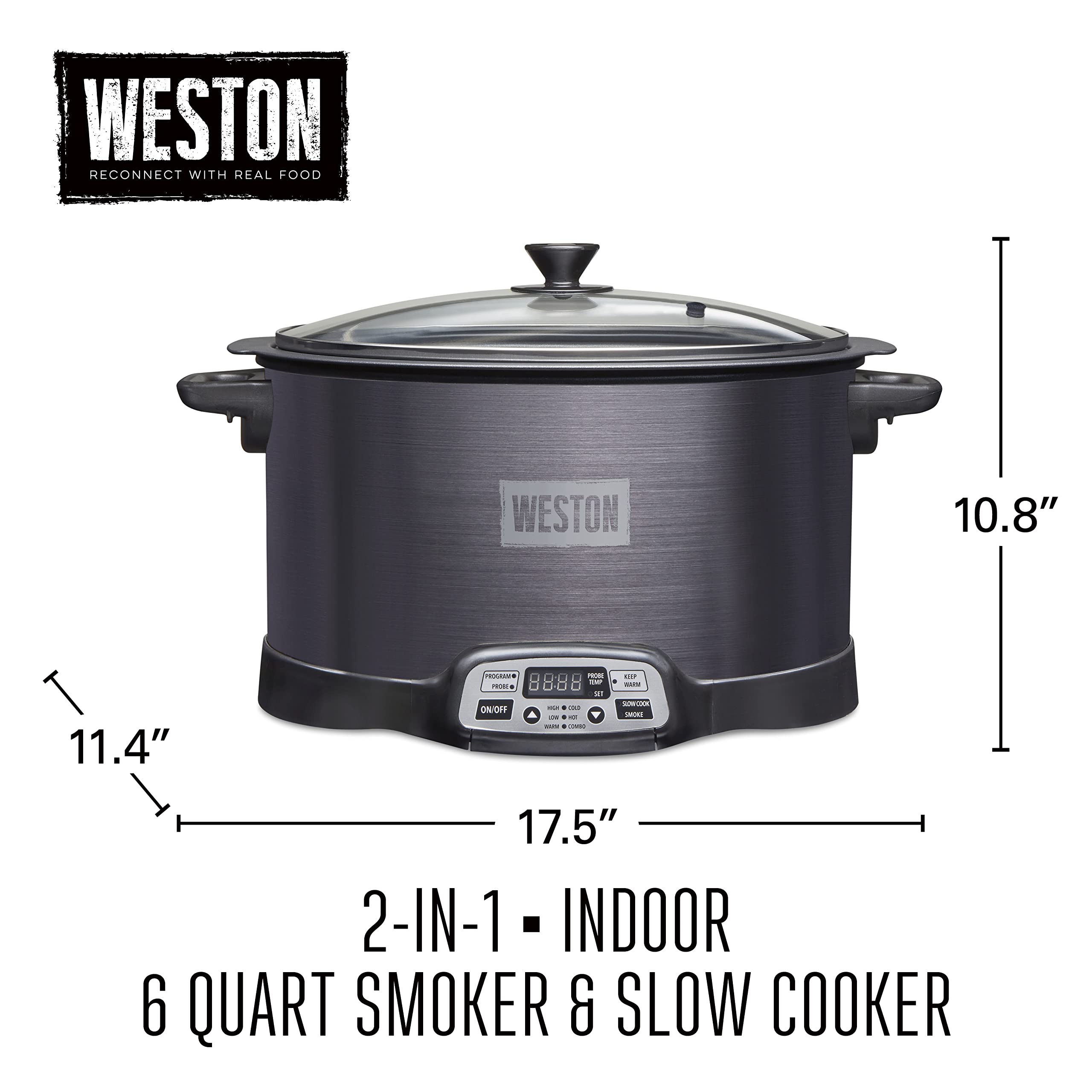2-in-1 WESTON BRANDS Indoor Electric Smoker & Programmable Slow Cooker, 6 Quart, With 3-Tier Smoking Rack for Meat, Cheese and More, Dishwasher Safe Crock, Temperature Probe, Black (03-2500-W)