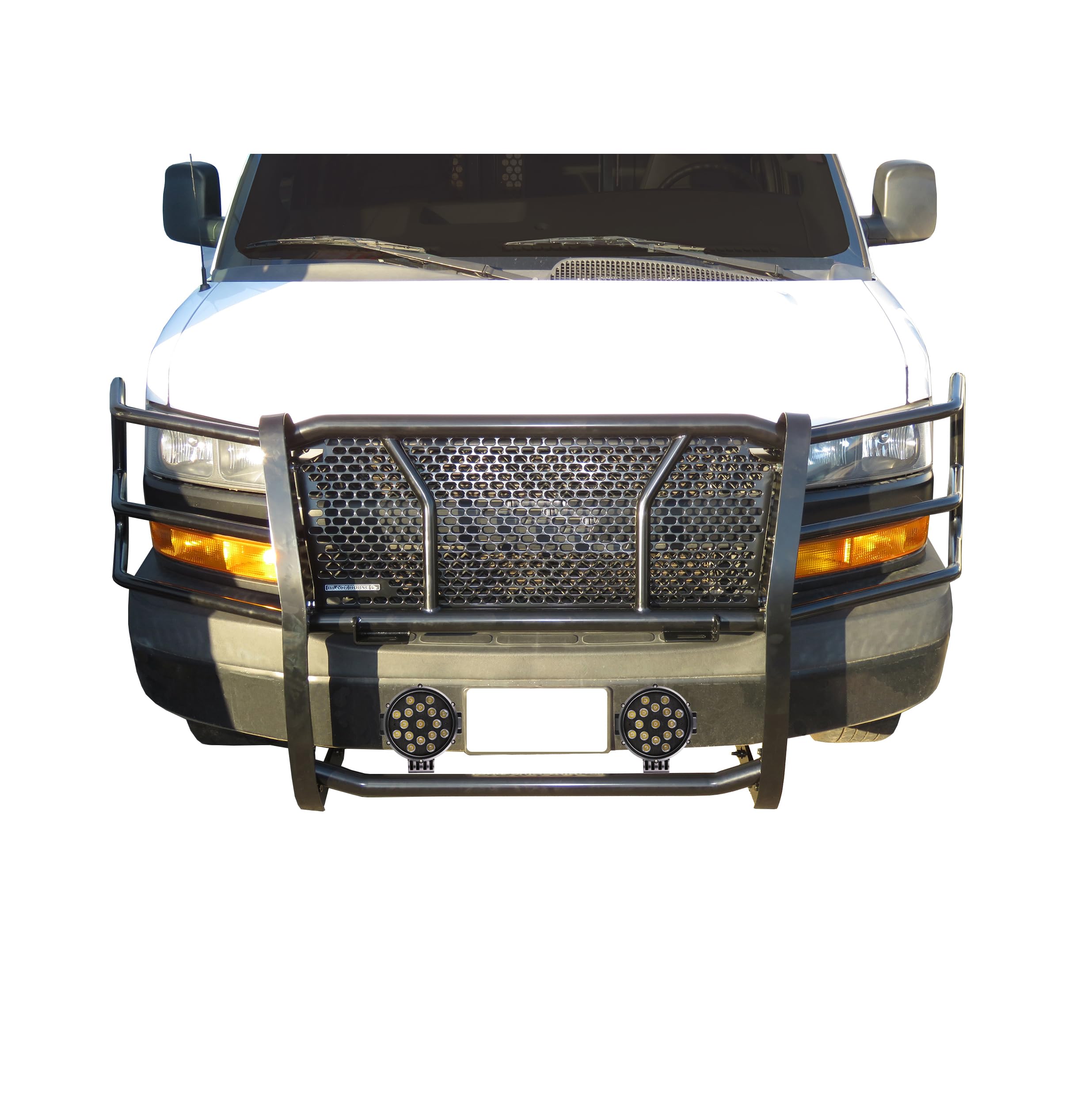 RUGGED HD Black Horse Grille Brush Bumper Guard Modular Come W/ pair of 7.0"LED Lights Compatible with 03-14 Express 1500|03-24 Express 2500/3500|09-24 Express 4500/Express Cargo-RU-GV02MA-B-PLB