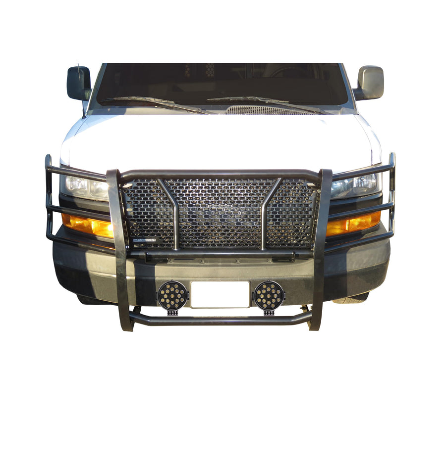 RUGGED HD Black Horse Grille Brush Bumper Guard Modular Come W/ pair of 7.0"LED Lights Compatible with 03-14 Express 1500|03-24 Express 2500/3500|09-24 Express 4500/Express Cargo-RU-GV02MA-B-PLB