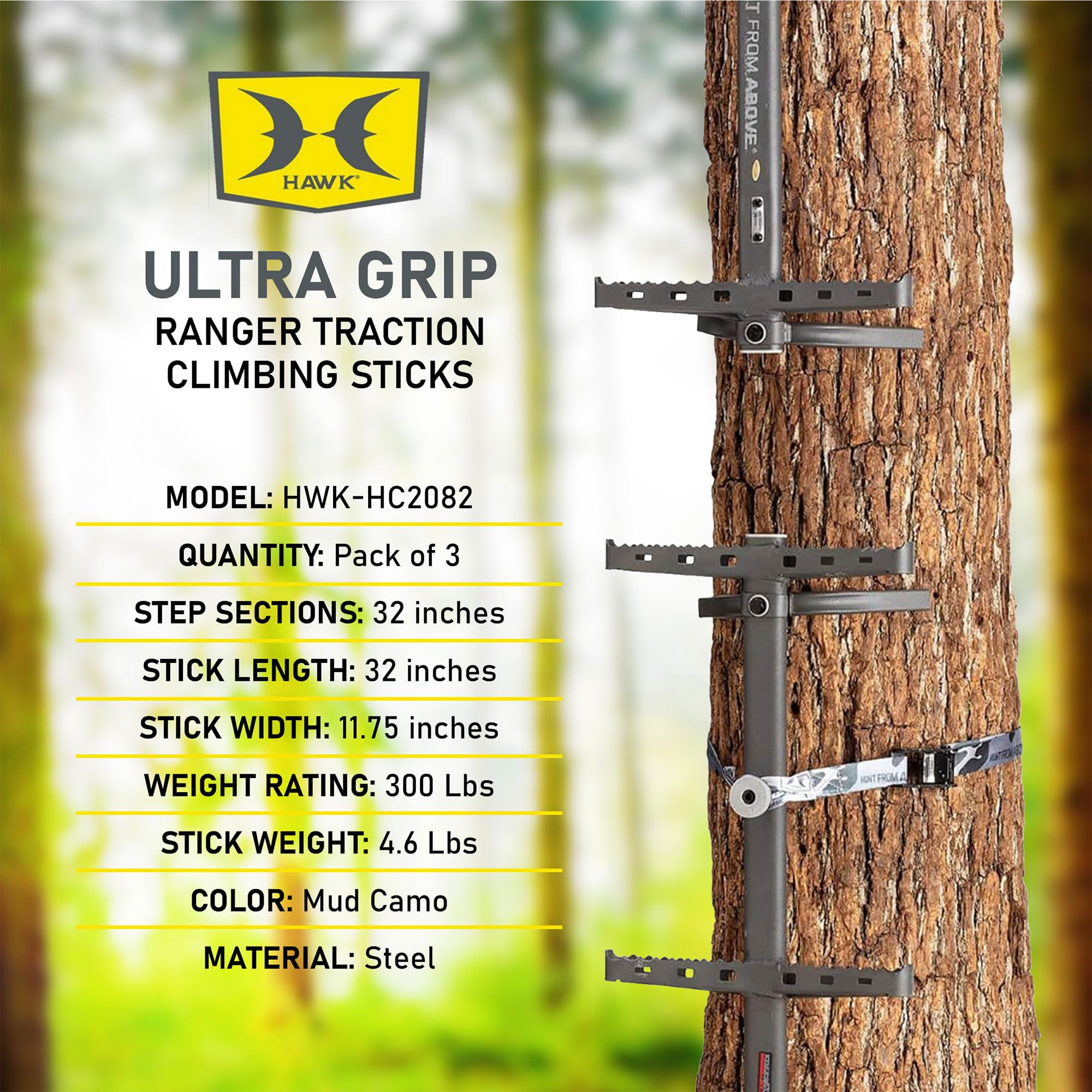 32" Hawk Ranger Traction Climbing Sticks w/Angled Steps, Tree Climbing Hunting Gear Hunting Accessories for Tree Stands, Deer Stands, & Blinds, 3 Pack