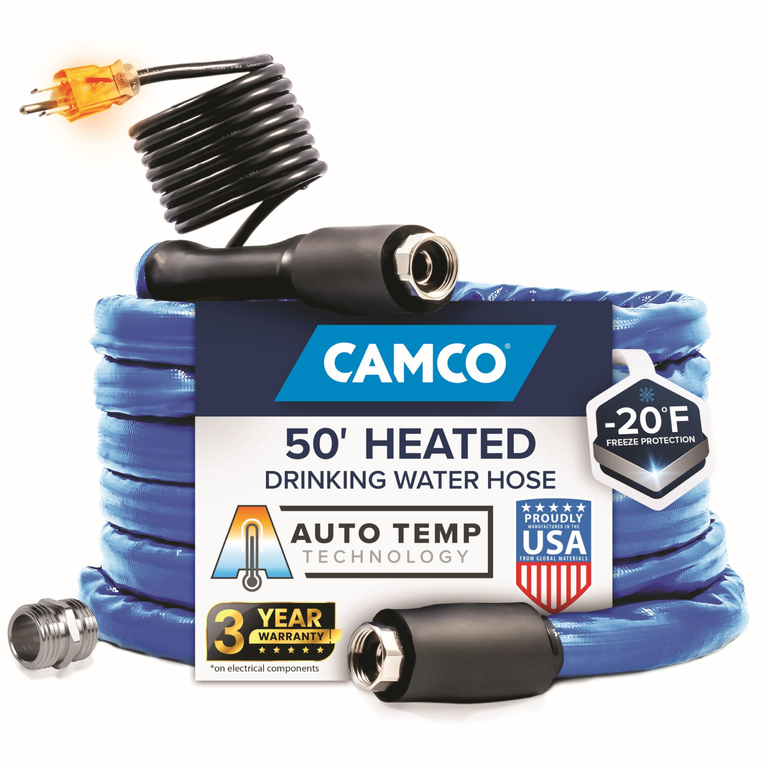 50' Heated Water Hose Camco for RV — Prevents Freezing Down to -20° — Certified For Drinking Water & Lead-Free — Great for Campers, Livestock, Agriculture, Kennels, etc. — 5/8" ID (22912)