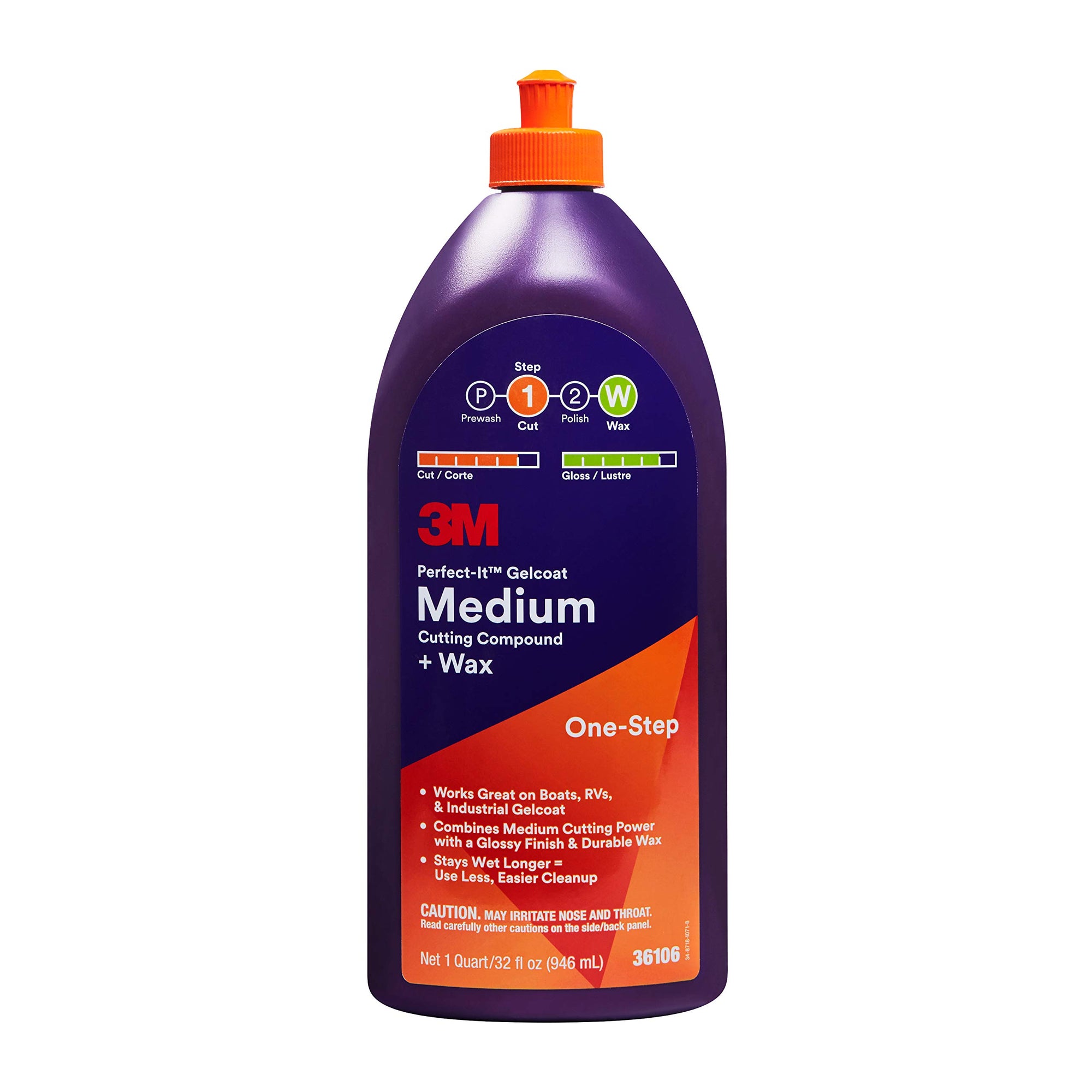 3M Perfect-It Medium Cutting Compound Gelcoat + Wax, 36106, 1 Quart, One-Step Process, P1500 and Finer Scratches, Fiberglass Oxidation Remover for Boats and RVs