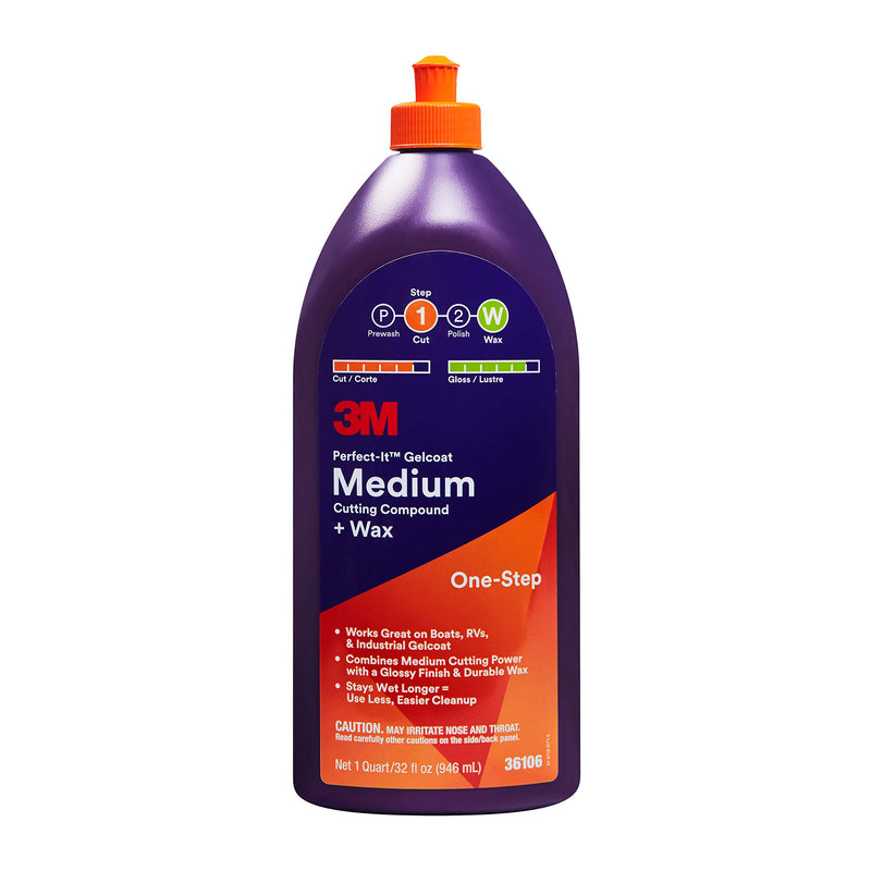 3M Perfect-It Medium Cutting Compound Gelcoat + Wax, 36106, 1 Quart, One-Step Process, P1500 and Finer Scratches, Fiberglass Oxidation Remover for Boats and RVs