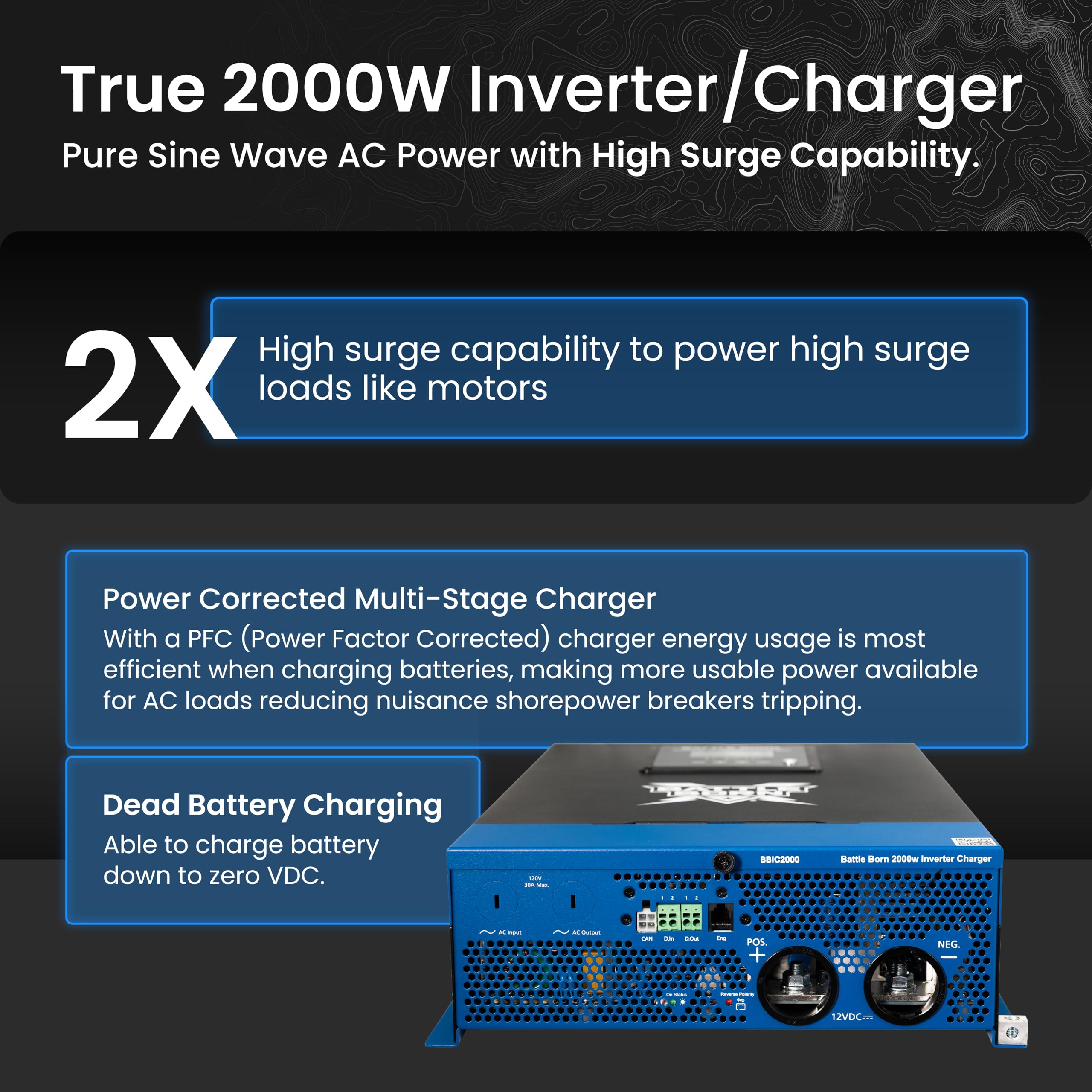 2000W Battle Born Inverter/Charger - Pure Sine Wave AC Power with High Surge Capability - Built for RV, Marine, Solar, & Off-Grid Power Systems