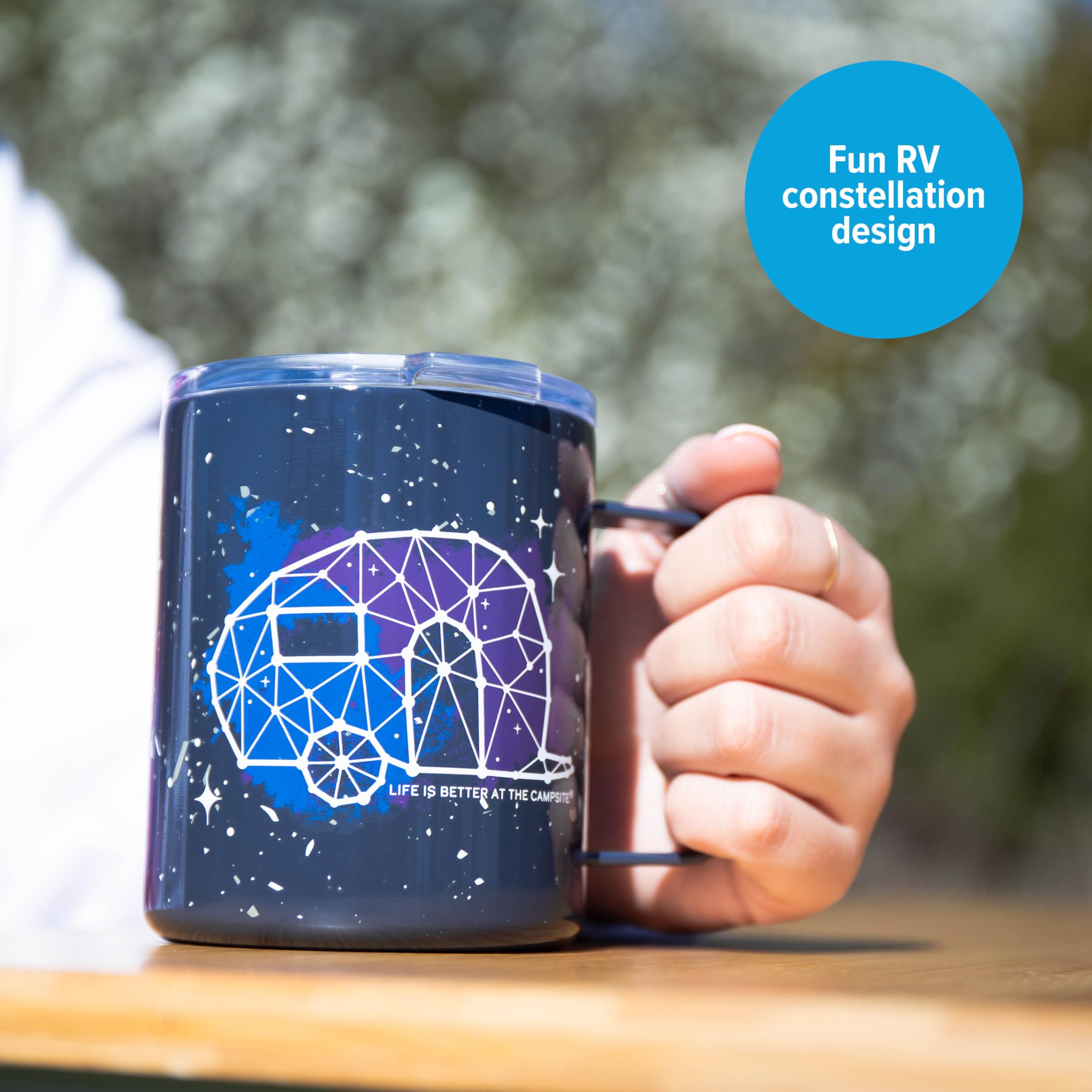 Stainless Steel Coffee Mug Camco Life is Better at The Campsite - Microwave & Dishwasher Safe - Features Double Wall Vacuum Insulation & RV Constellation Design - Holds 14oz. (53310)