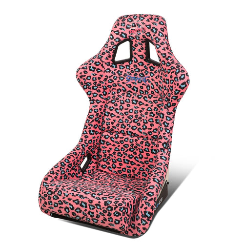 NRG Innovations Prisma FRP-302-PK-SAVAGE Fixed Back Bucket Racing Seat with Bottom Mount Bracket, Pink Savage Cheetah/White Pearl Back