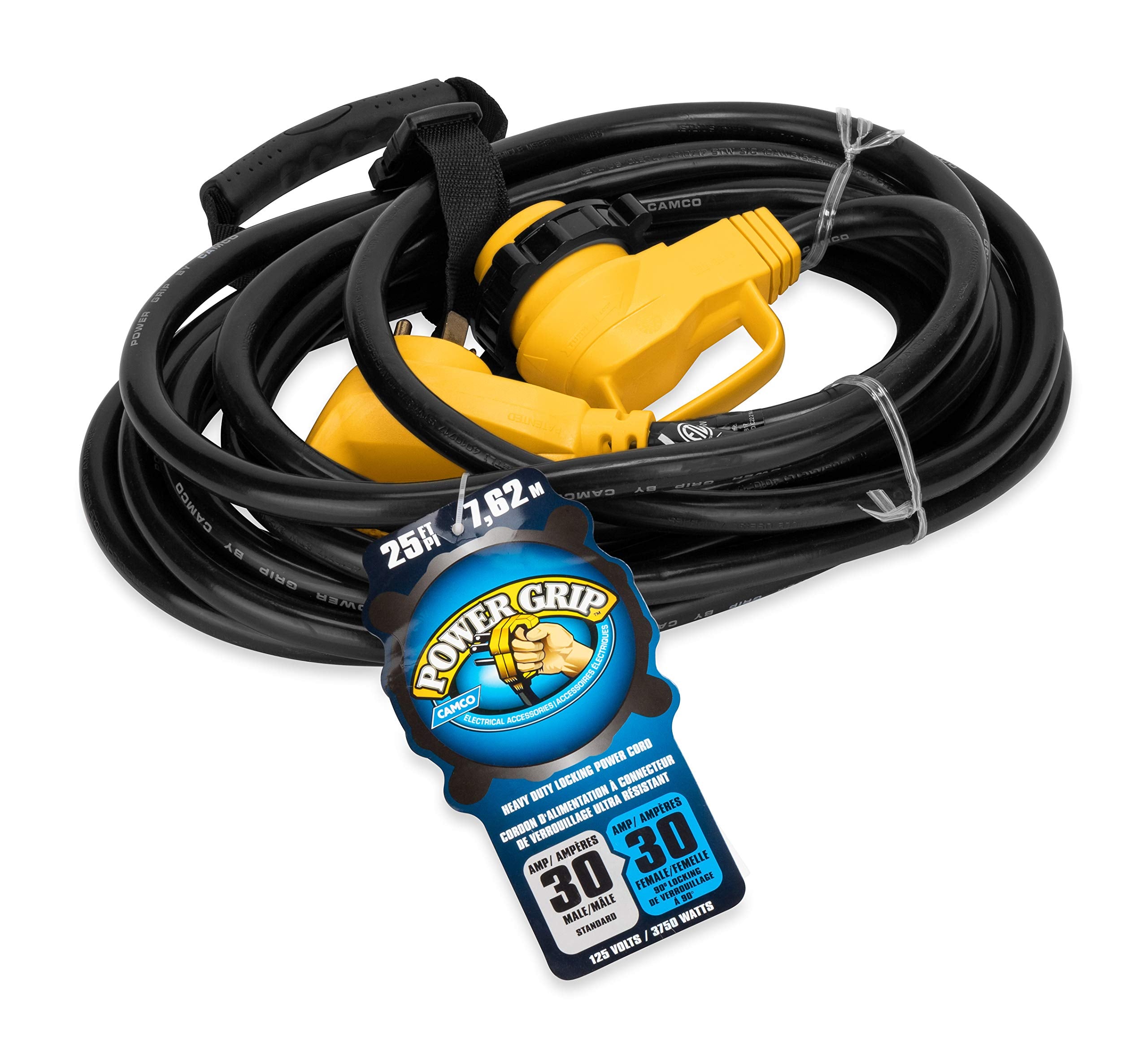 Power Grip Camco 25-Ft 30 Amp RV Extension Cord w/90° Locking End - Rated for 125V / 3,750W - Features Threaded Locking Ring for Weatherproof Connection & 10-Gauge Copper Wire (55524)