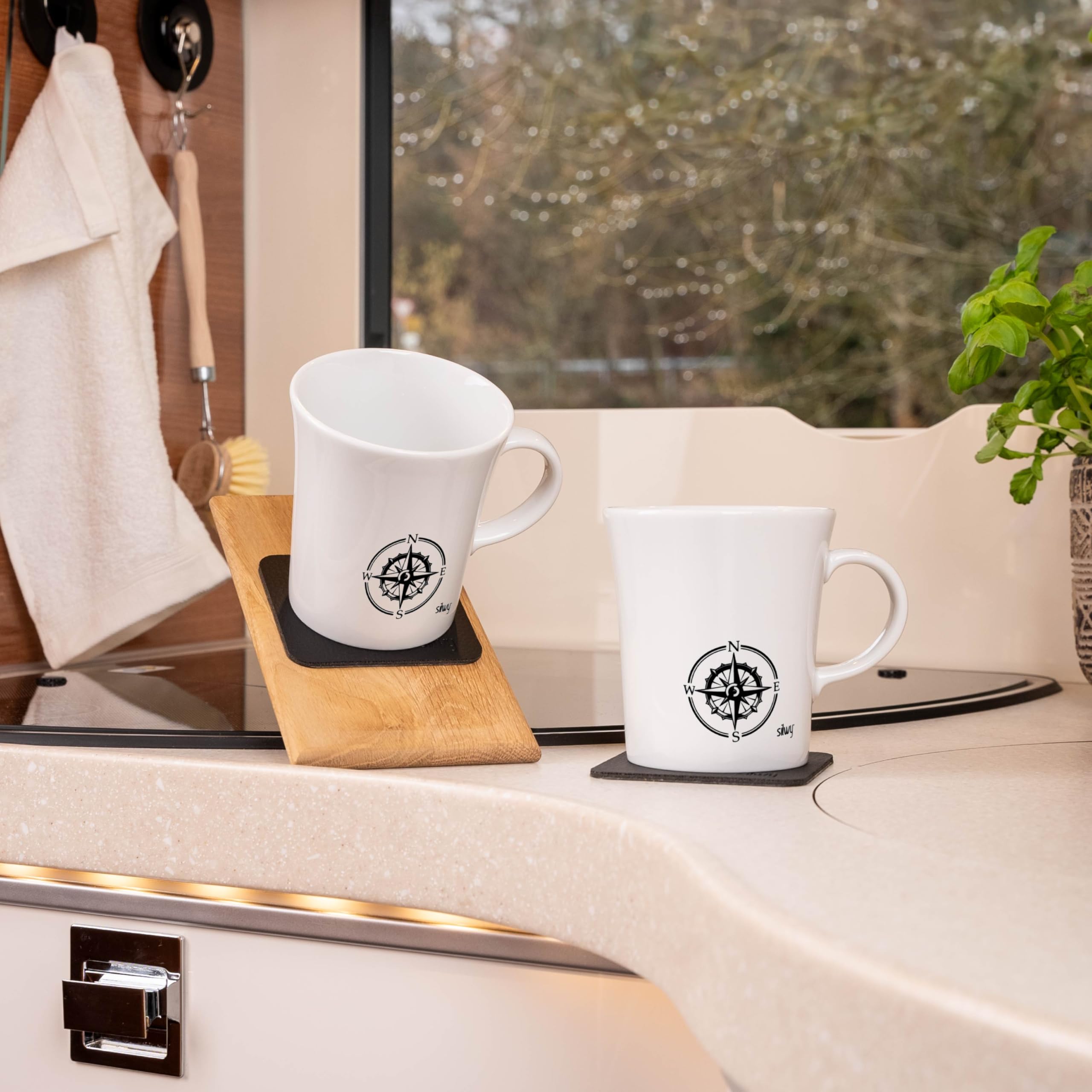 Silwy® Magnetic Handle Porcelain Cups Travel Pleasure (Set of 2) Including Two Metal Nano Gel Pads Black Non-Slip Camping and Caravanning Cups, Boat and Yacht Accessories