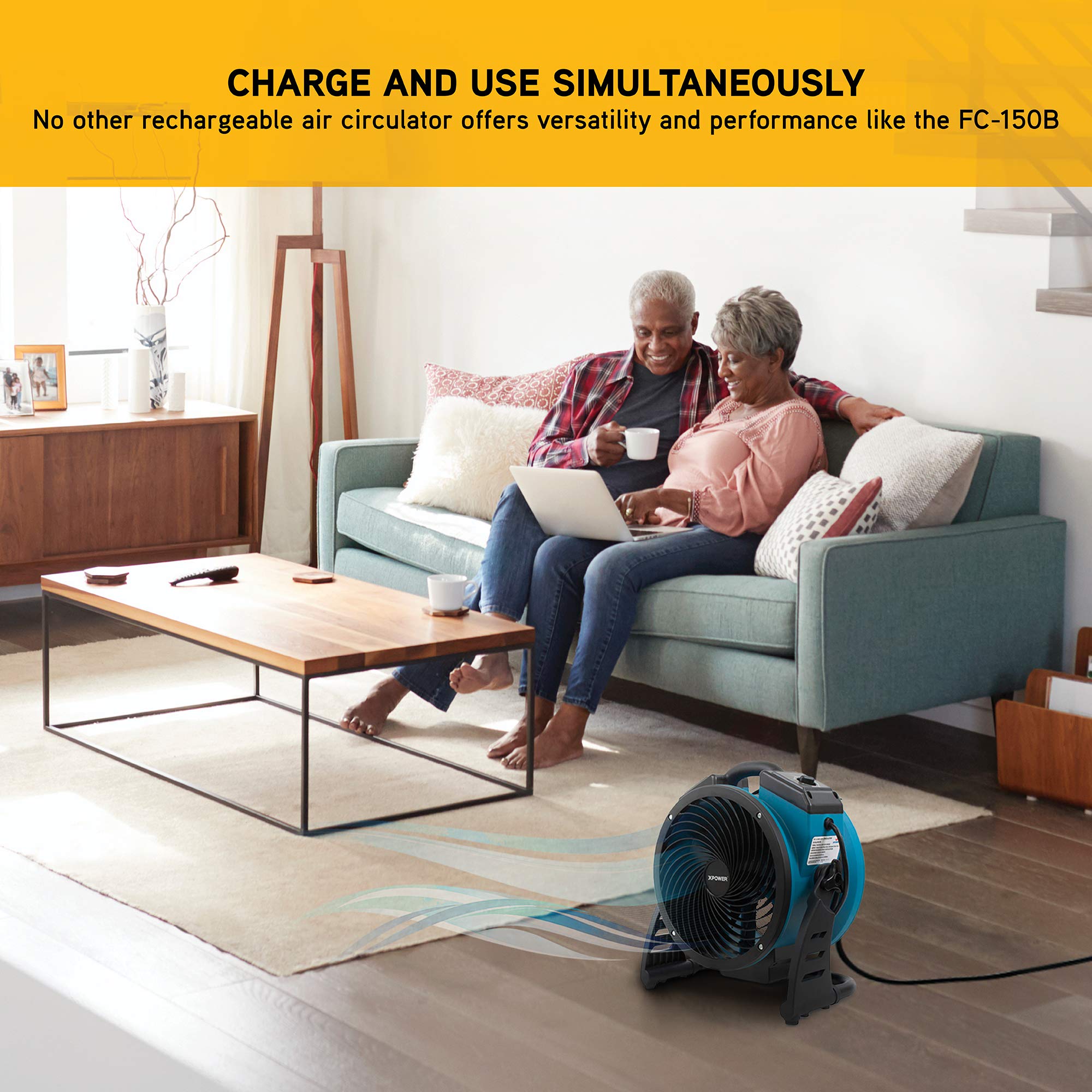Portable XPOWER FC-150B High Velocity AC/DC Dual Power Operated Portable Rechargeable Battery 18,200mAh Utility Fan, Extended Air Flow, 1000 CFM
