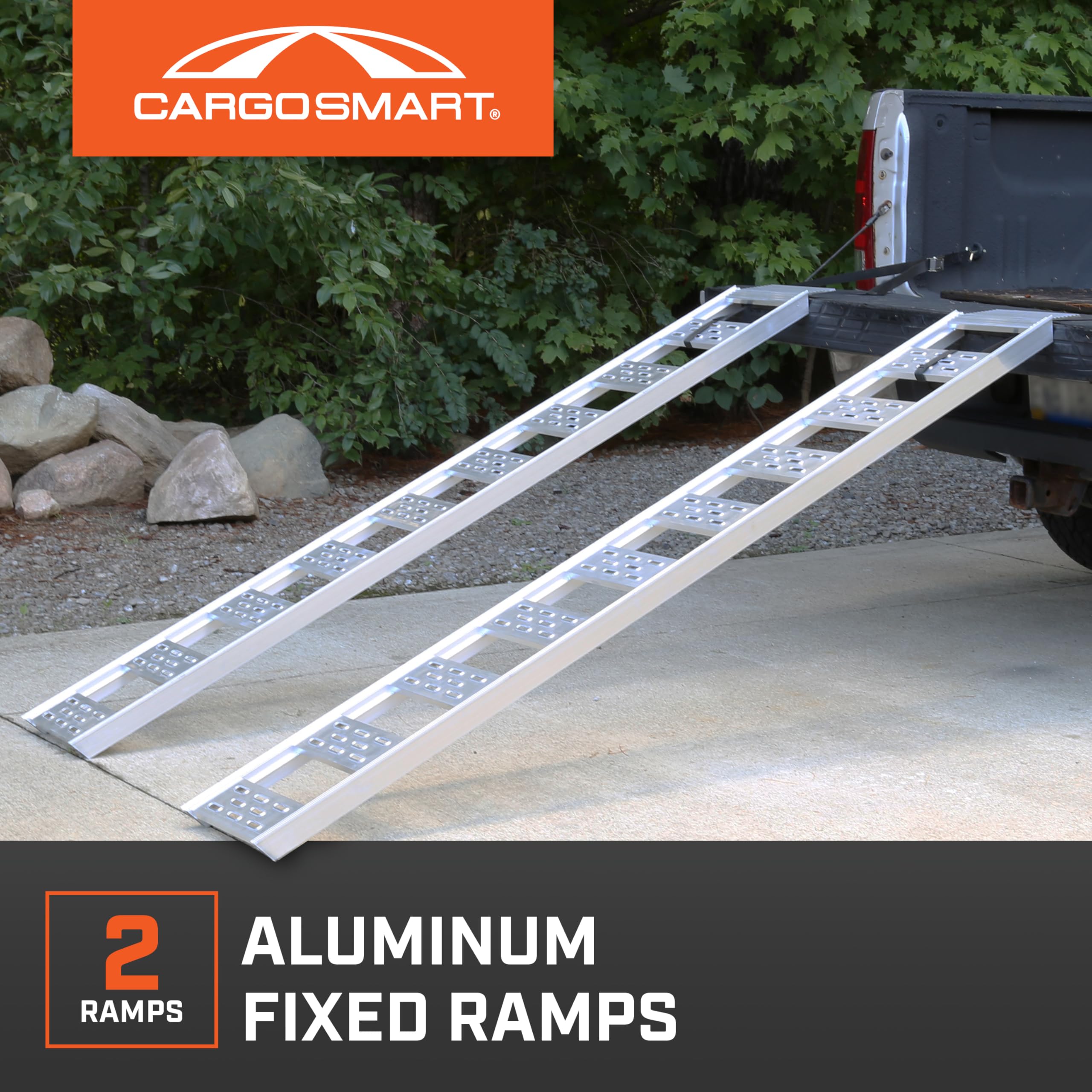 Aluminum Straight Fixed Ramp with Treads (2pk) CARGOSMART - Easily and Safely Load and Unload Light Equipment, Lawn Tractors, ATVs and More, 1,250 lb. Capacity, 12" W x 78" L