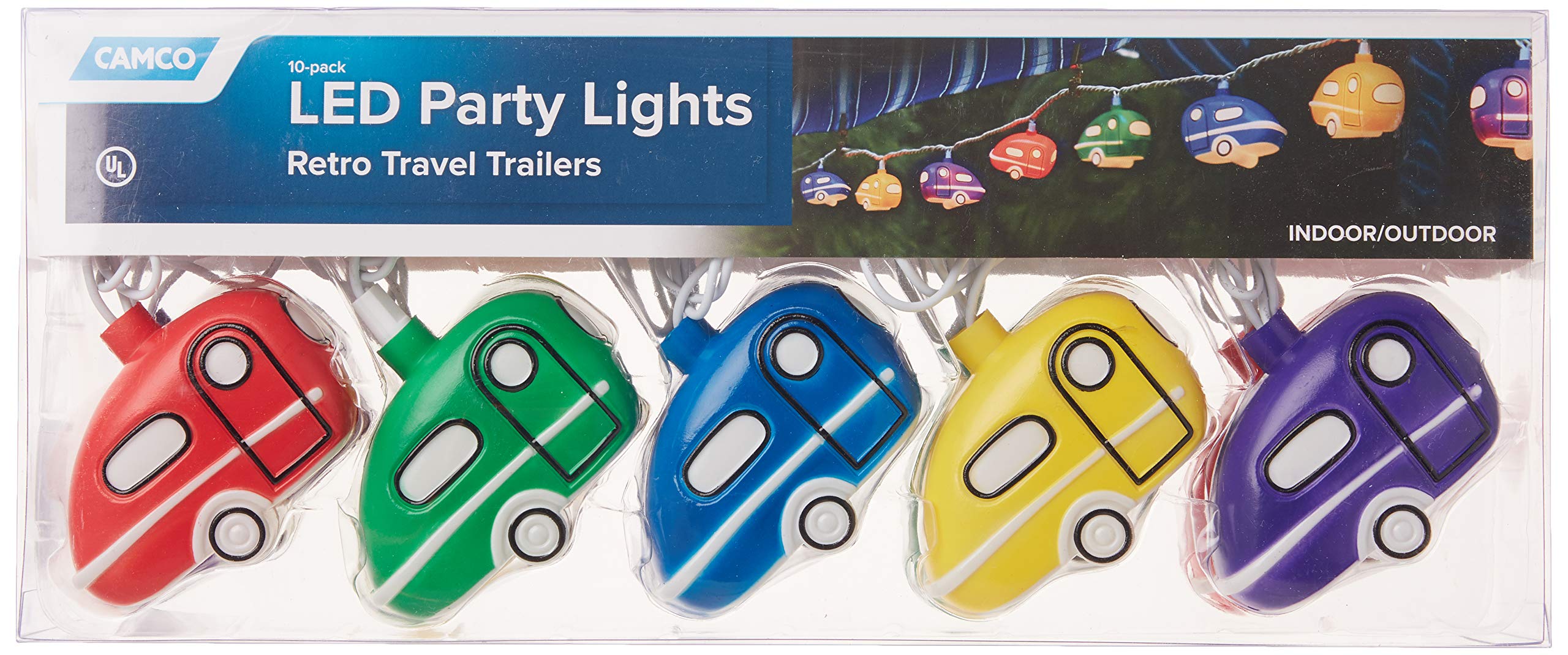 Camco Party Lights Retro Travel Trailer - Features an 8' Strand with (10) Travel Trailer Lights - Camping String Lights - Perfect for RV Awnings and Campsite Décor (42655)