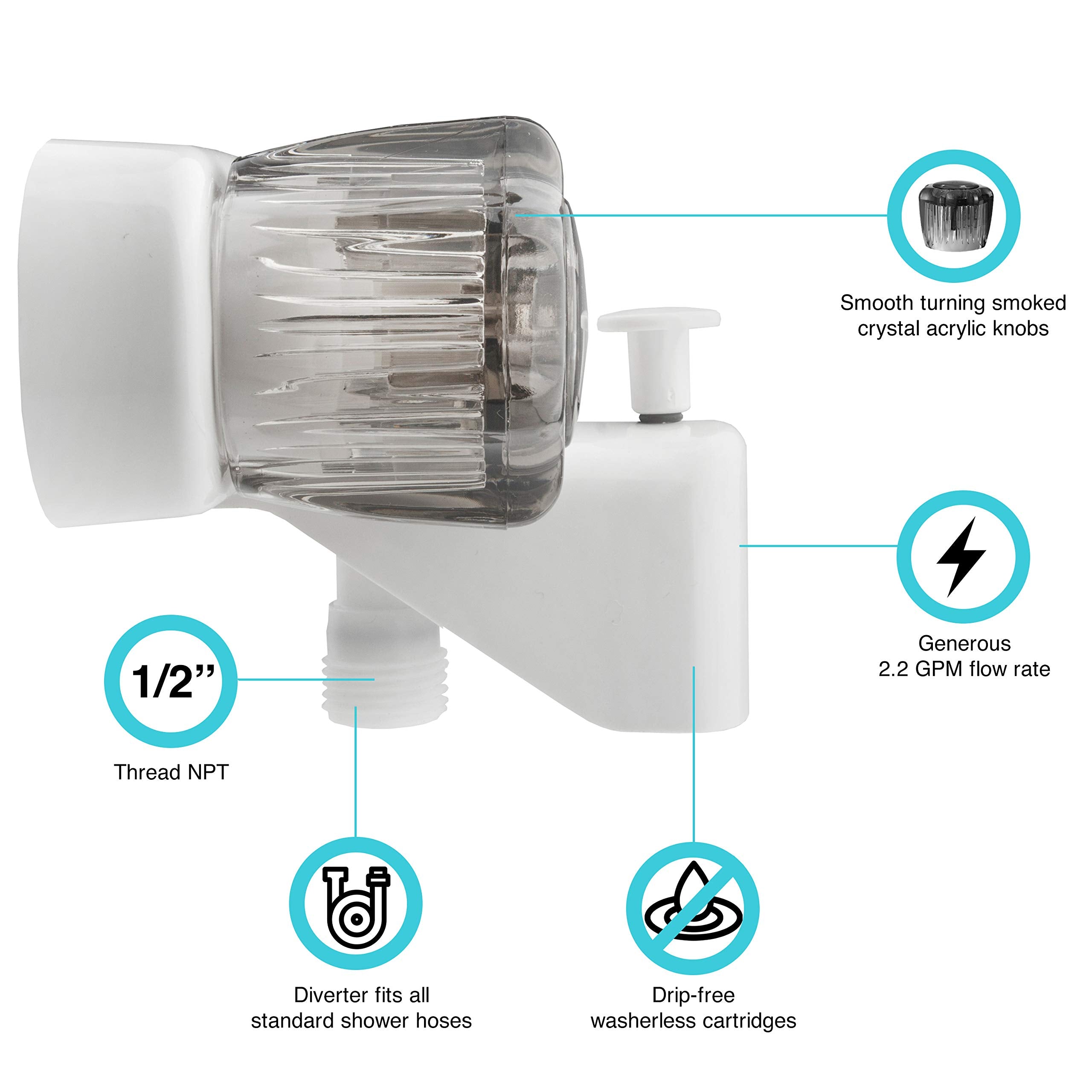 Dura Faucet RV Tub & Shower Faucet Valve Diverter DF-SA110S-WT with Smoked Acrylic Knobs (White)