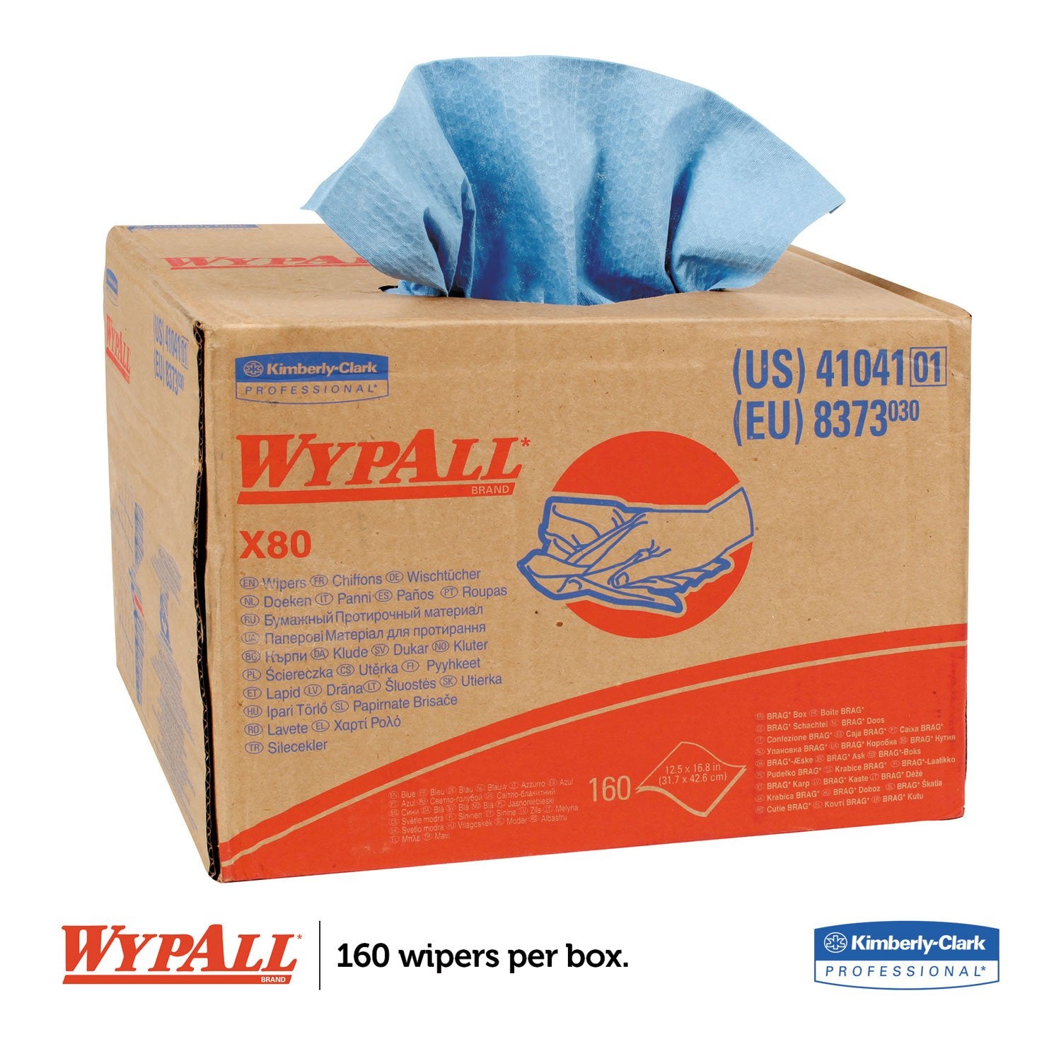 WypAll Kimberly-Clark 41041 X80 Wipers, BRAG Box, HYDROKNIT, Blue, 12 1/2 x 16 4/5, 160 Wipers/Carton