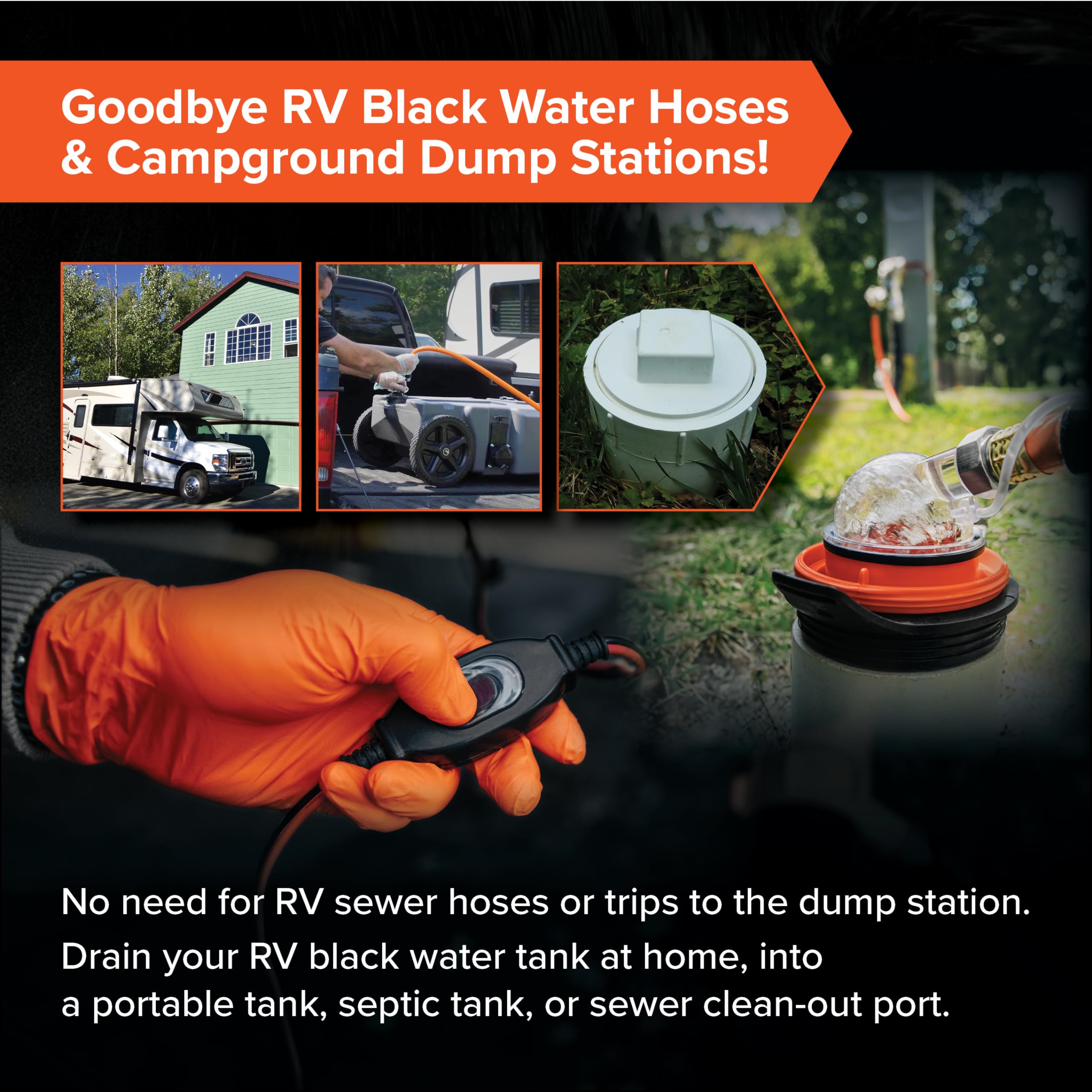 Camco Rhino Sewer Camper/RV Macerator Pump System - VortexCore Technology Grinds Sewer Waste into 1/8” Pieces - Versatile for Any Location - 4-in1 Adapter, Self-Priming Pump & 15’ Water Hose (39040)