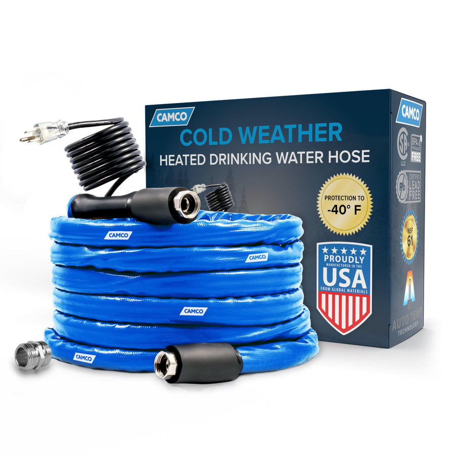 25-Foot Camco Heated Drinking Water Hose | Features Water Line Freeze Protection Down to -40°F/C & Energy-Saving Thermostat | Includes Adapter for Connection to Either End of Hose (22922)