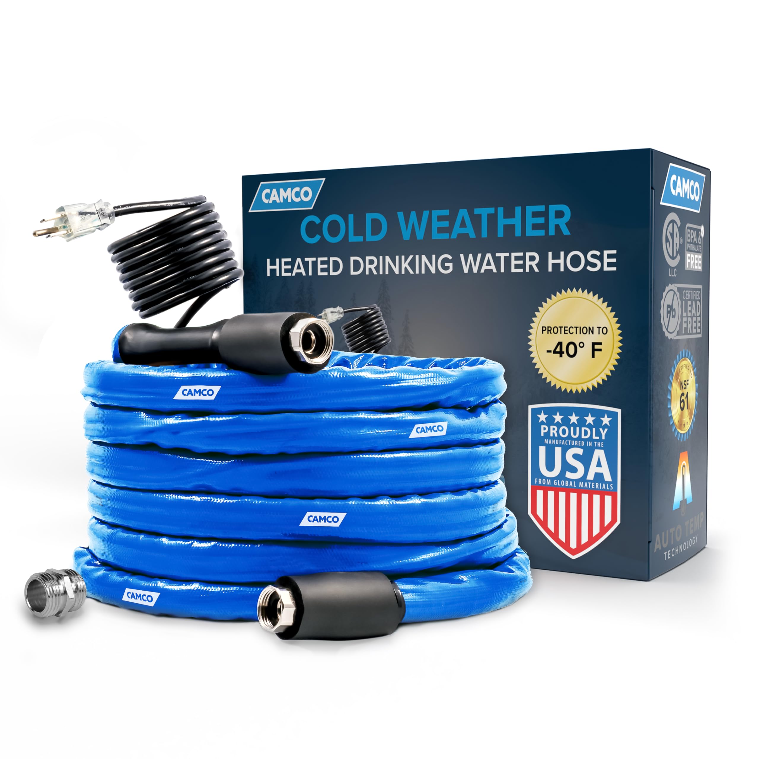 50-Ft Camco Heated Water Hose for RV | Water Line Freeze Protection Down to -40°F/C | Features Energy-Saving Thermostat & Includes Adapter for Connection to Either End of Hose (22924)