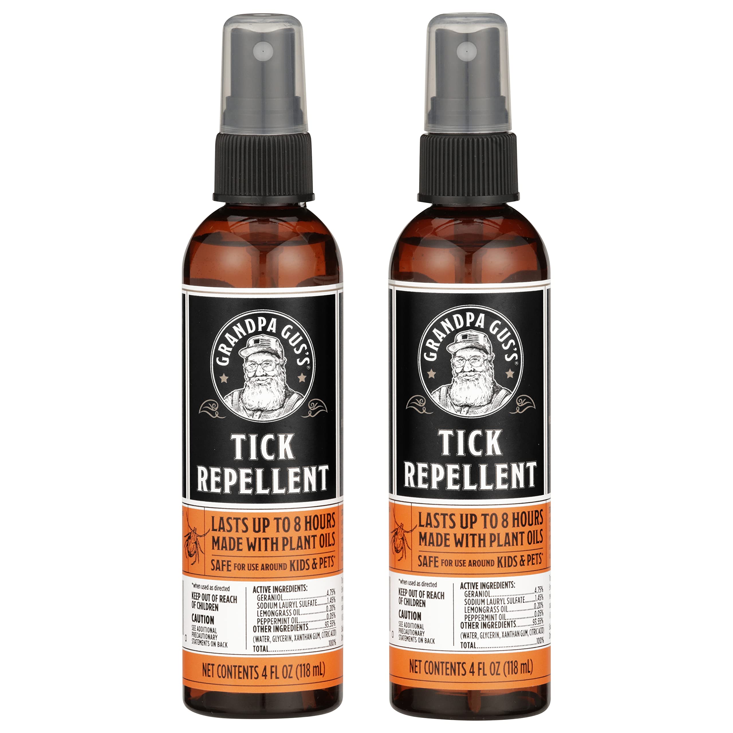 Natural Tick Repellent Spray Grandpa Gus's with Essential Oils - for Humans, DEET-Free, Up to 8 Hours of Protection, Camper Essentials, Safe Around Kids and Dogs, 4 oz (Pack of 2)