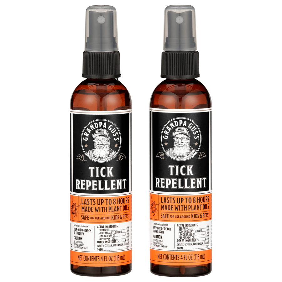 Natural Tick Repellent Spray Grandpa Gus's with Essential Oils - for Humans, DEET-Free, Up to 8 Hours of Protection, Camper Essentials, Safe Around Kids and Dogs, 4 oz (Pack of 2)