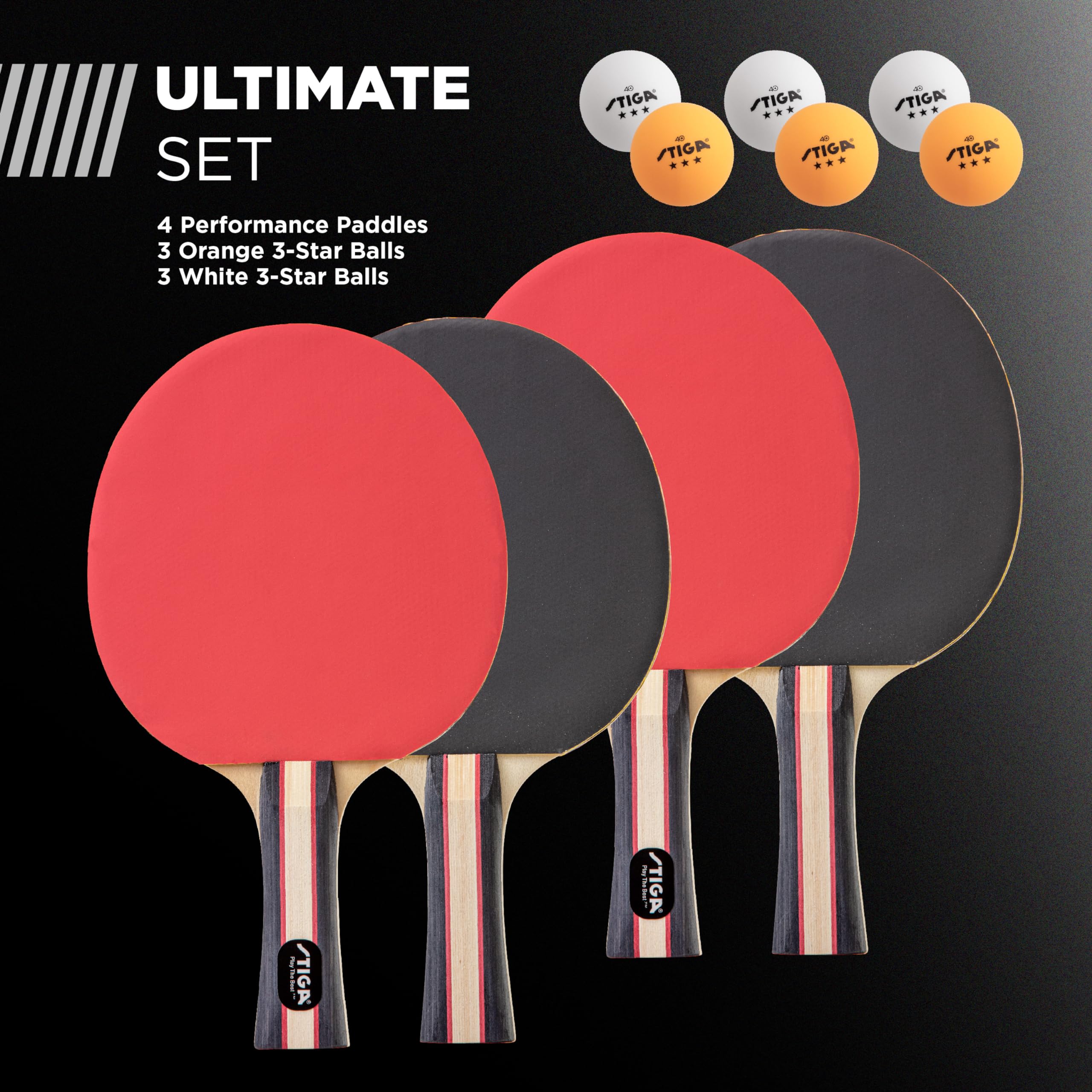4 Player STIGA Performance Ping Pong Paddle Set of 4 – Table Tennis Rackets, 6 – 3 Star Orange and White Balls