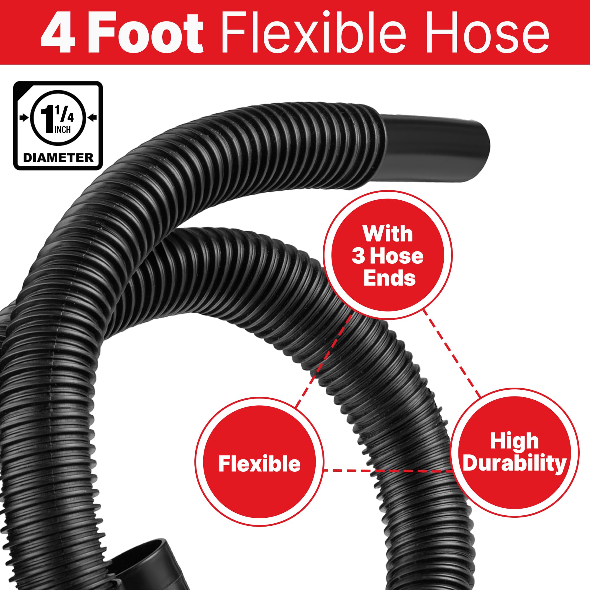 Flexible Hose Shop-Vac 9056400, 1-1/4 in. Diameter x 4 ft. Length, Durable For Wet/Dry Vacuums, Black (1-Pack)