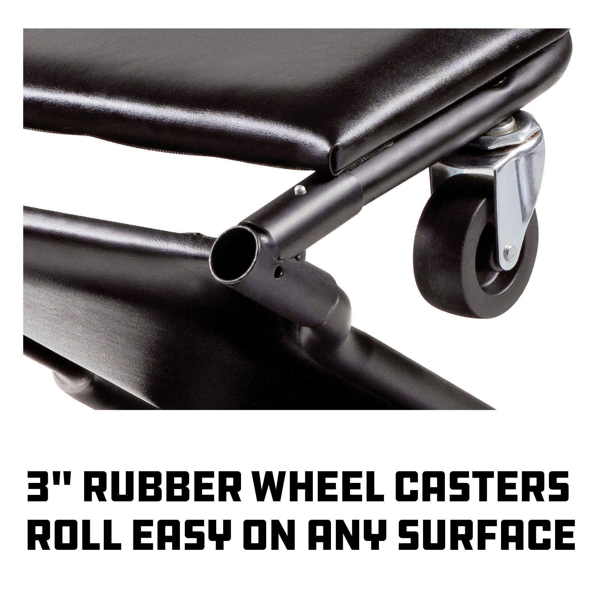Powerbuilt 42-Inch Folding Triplex Creeper, Rolling Seat, and Brake Stool, All-in-One Adjustable Roller Garage Chair, Lay Down or Sit, Black 620469