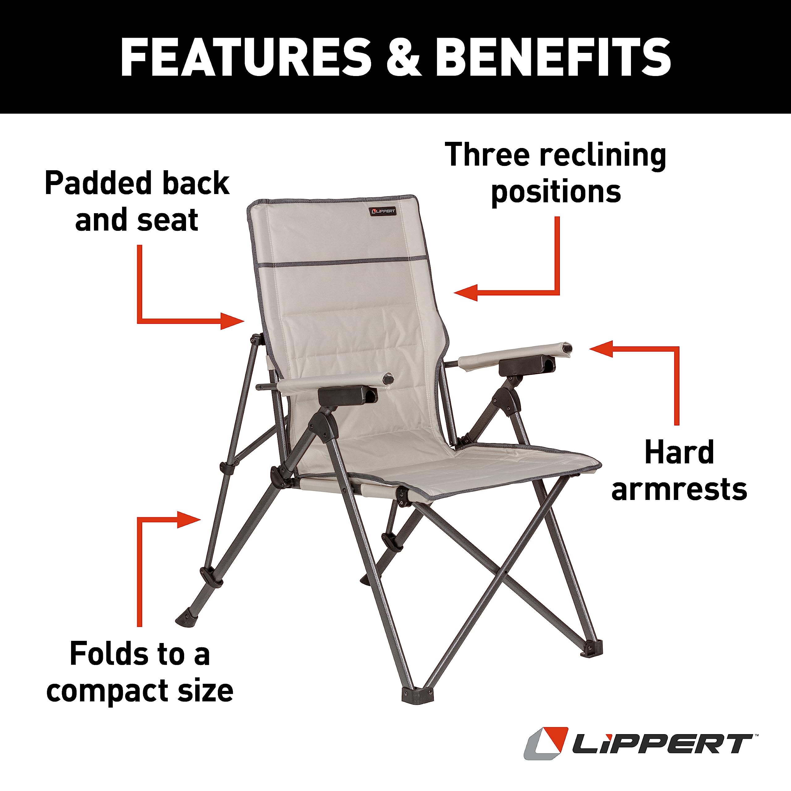 Sun Soaker Lippert Three-Position Reclining Camping Chair with 600D Polyester Fabric, Padded Back/Seat, Steel Frame Construction, 250-lb. Weight Capacity, Sand Color - 2022120580