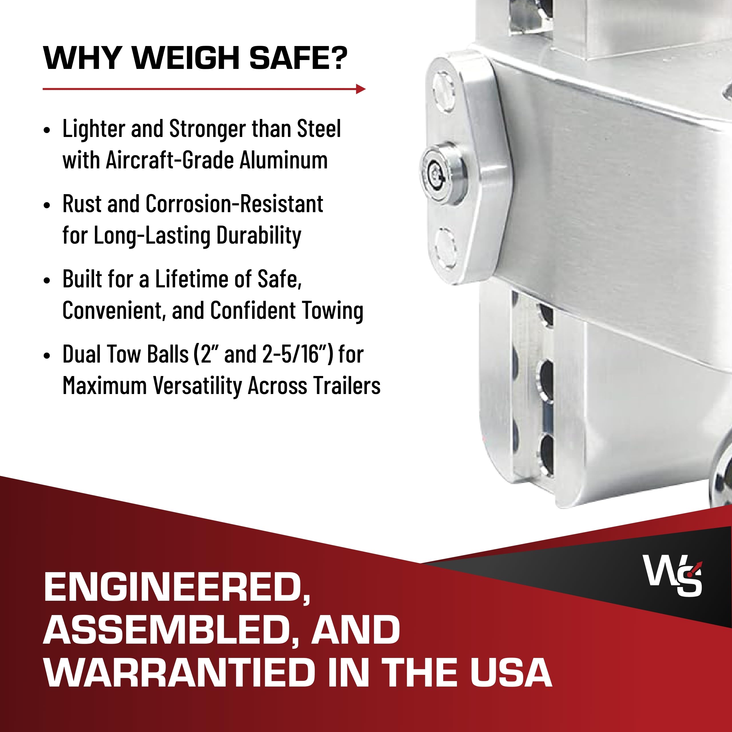 Weigh Safe 180 Hitch - Adjustable Hitch Trailer Ball Mount - 8" Adjustable Drop Hitch for 2" Receiver - Heavy Duty Aluminum Trailer Tow Hitch w/ Chrome Plated Tow Balls (2" & 2 5/16") - 12,500 GTW