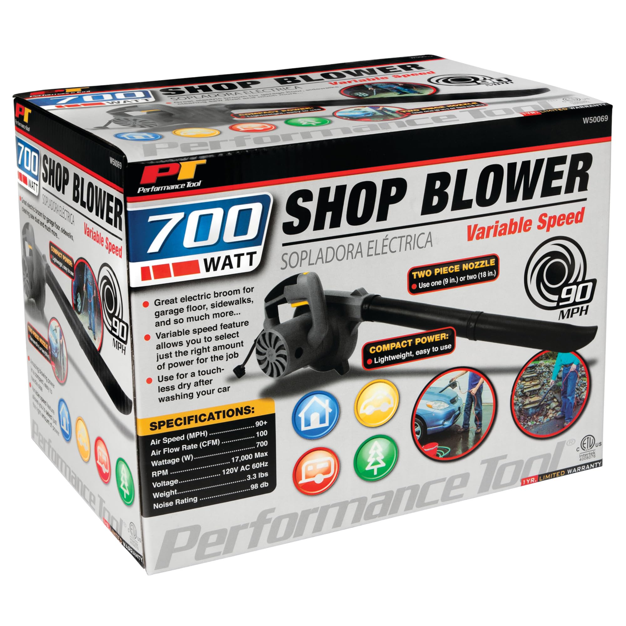 Compact Performance Tool W50069 Gray 700W Variable Speed Garage/Shop/ Blower/Patio Blower (17,000 Max RPM 90 MPH Air Flow)