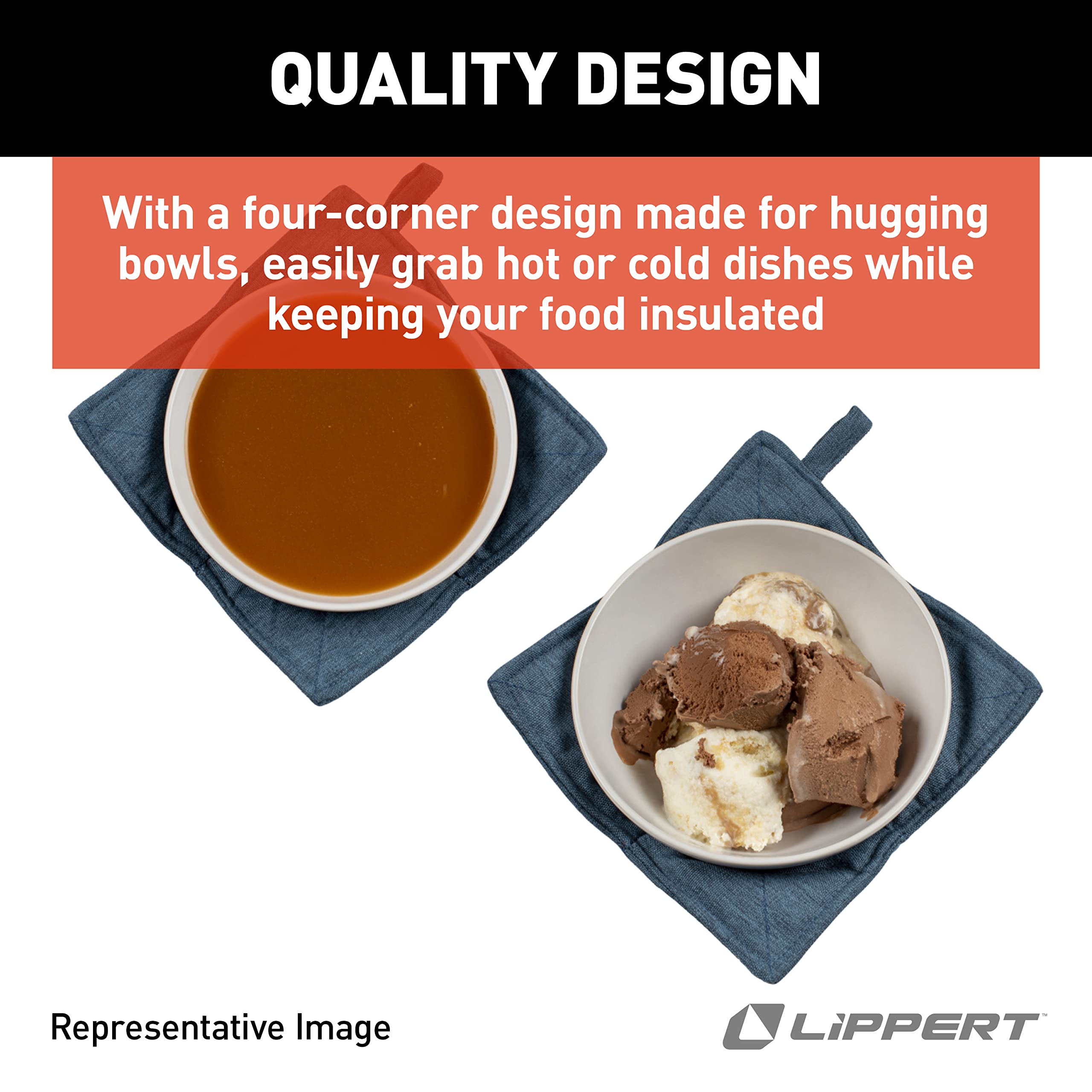 Cozy Bowl Holder Set Lippert™ - 4 Pieces, Navy – Insulate Food and Protect Your Hands – Made from Premium, Microwave-Safe Polyester Fabric – Temperature Rated to 400°F – Machine Washable – 2022107823