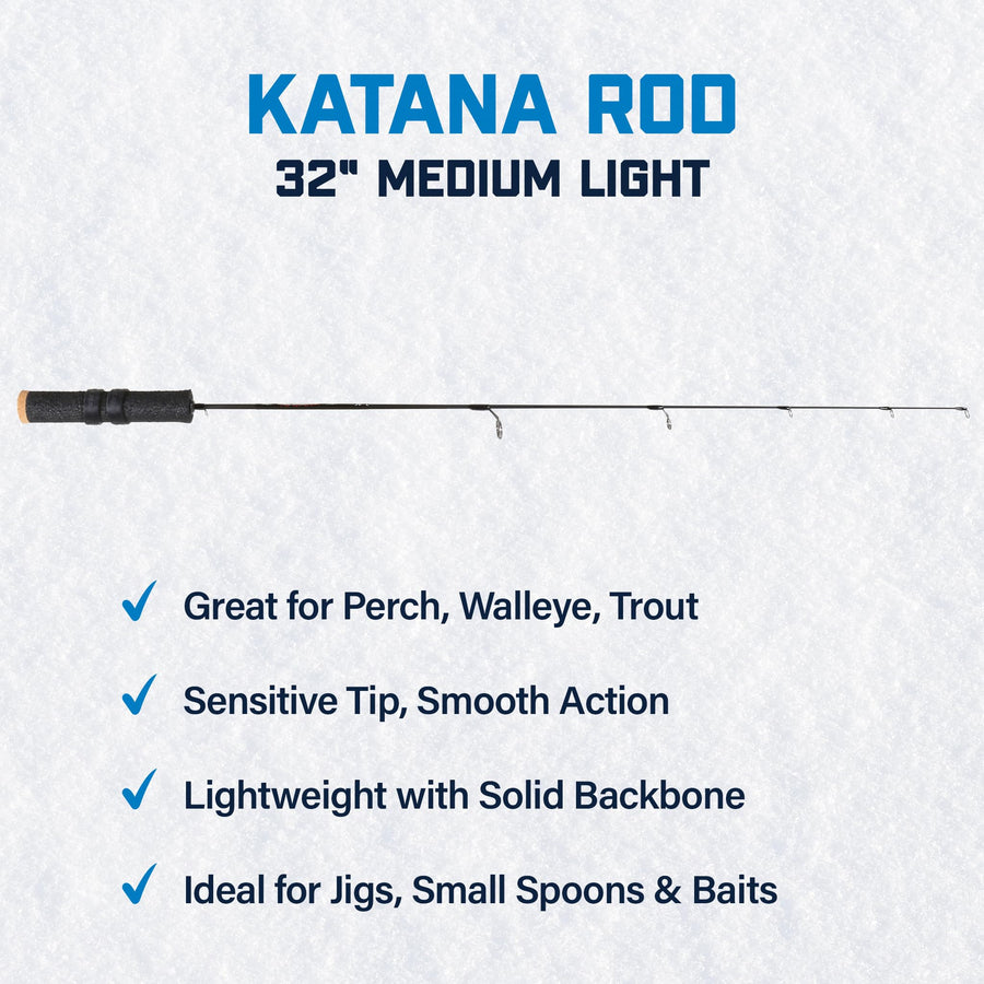 32” Katana Medium Light Ice Rod – High-Sensitivity Ice Fishing Rod for Walleye, Perch, and Trout – Durable Graphite Blank for Cold Weather Fishing