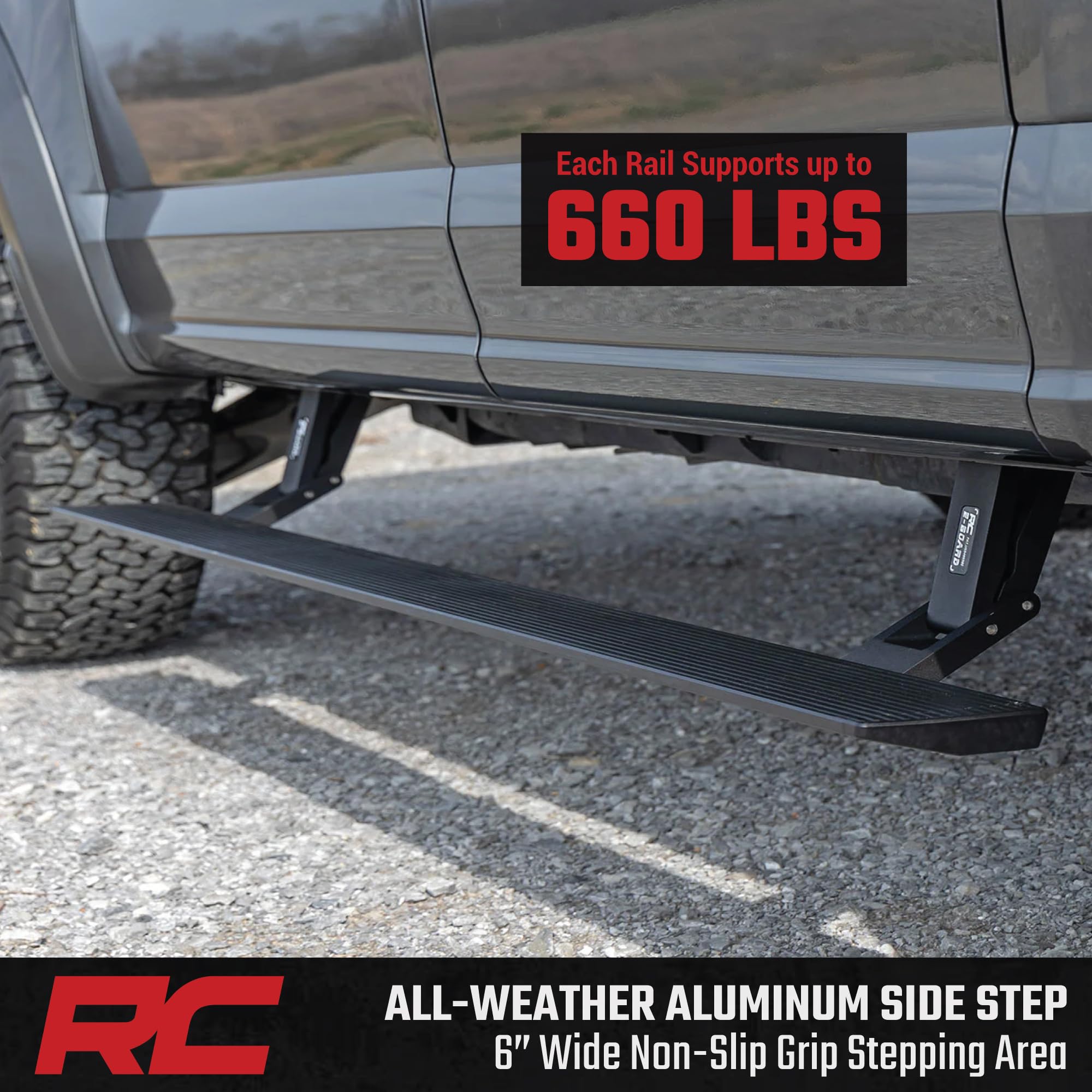 Rough Country Power Running Boards with LED Step Lights for Crew Cab Ford F-150 Lightning/F-250/F-350/Raptor (2015-2026) - Retractable Electric Side Steps, Non-Slip Aluminum Design