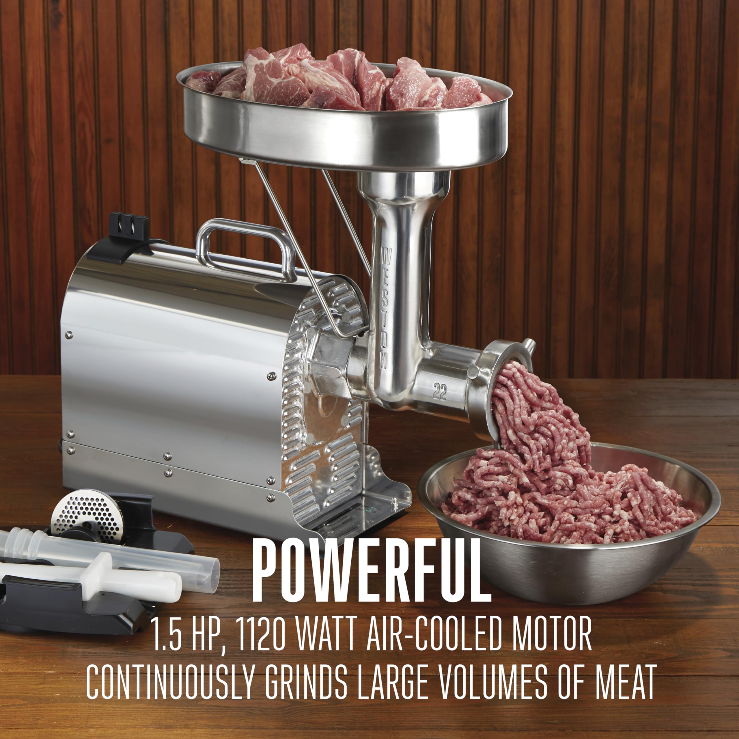 Weston Electric Pro Series Meat Grinder, Commercial Grade, 1120 Watts, 1.5 HP, 14lbs. Per Minute, Stainless Steel (10-2201-W)