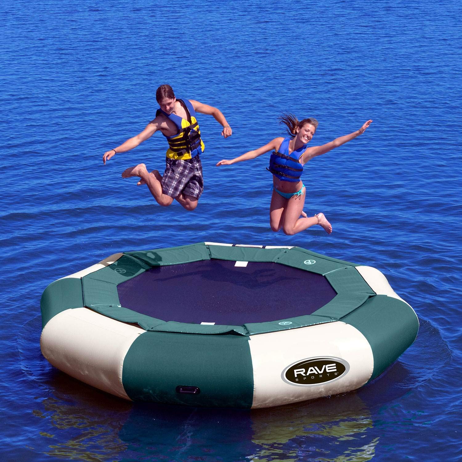 Aqua Jump RAVE Sports Inflatable Water Trampoline, 12FT / 15FT / 20FT, Recreational Bouncer with Springs, Sturdy Ladder, Heavy Duty Swimming Platform, Reinforced PVC Tube, Durable Nylon Surface