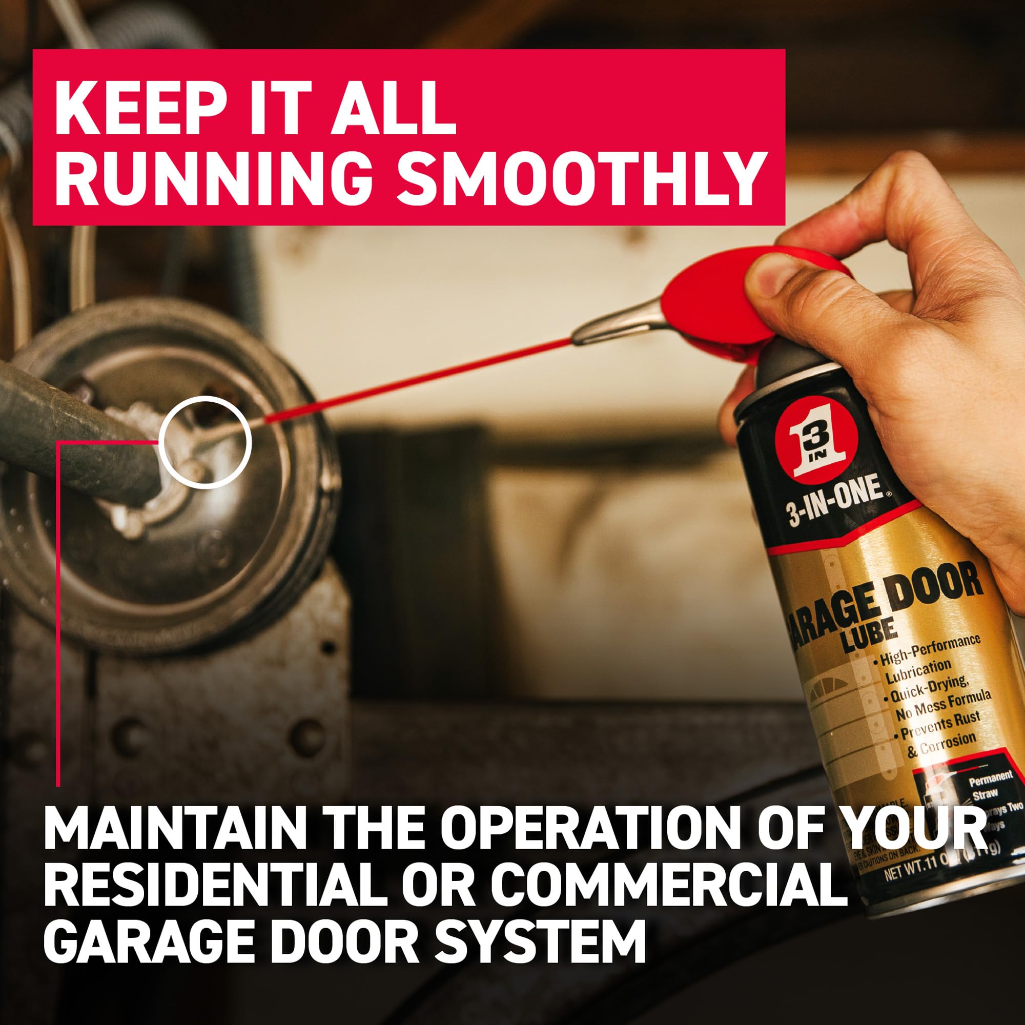 Garage Door Lubricant 3-IN-ONE with SMART STRAW SPRAYS 2 WAYS, 11 OZ